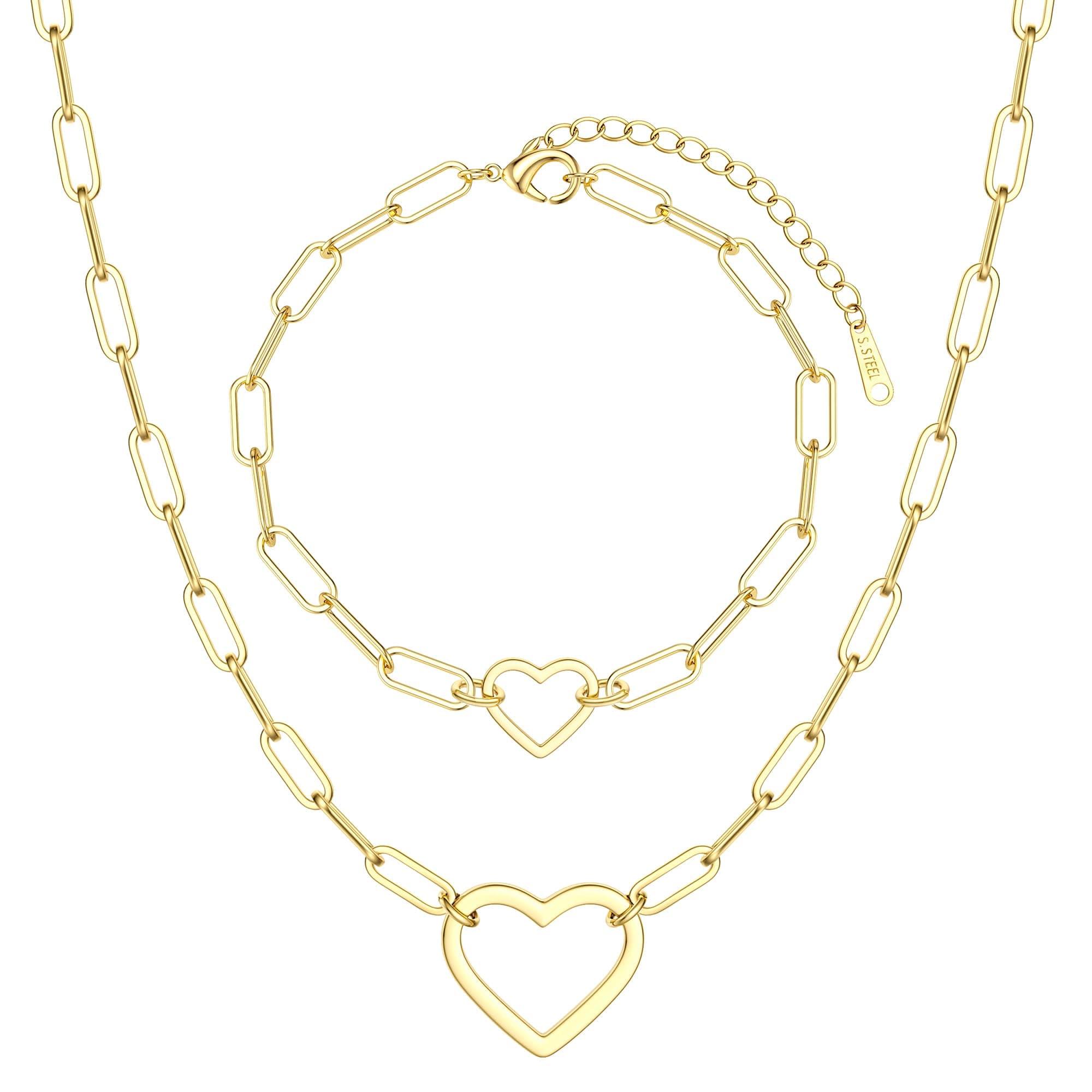 Collier et Bracelets Acier Inoxydable Plaqués Or Adramata Coeur Imperméables pour Femme Empilables et Réglables