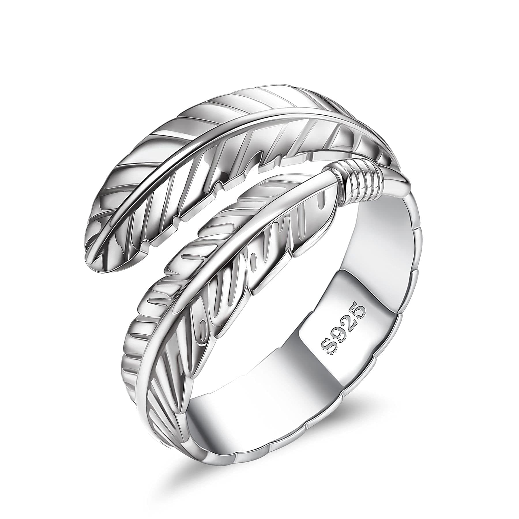 JeweBella Bague Femme en Argent Sterling 925 pour Femmes - Bague Plume Réglable Ouverte pour Filles - Mariage et Fiançai