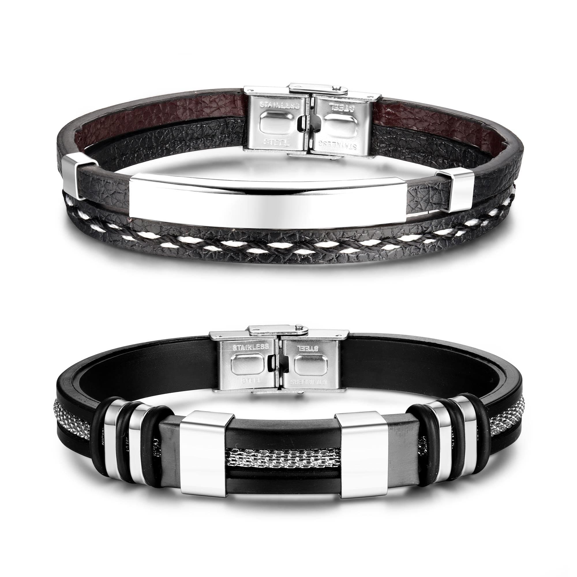 Adramata Bijoux Homme Cuir Noir Recycled 2PCs Bracelets Homme Anniversaire Cadeau Fête des Pères