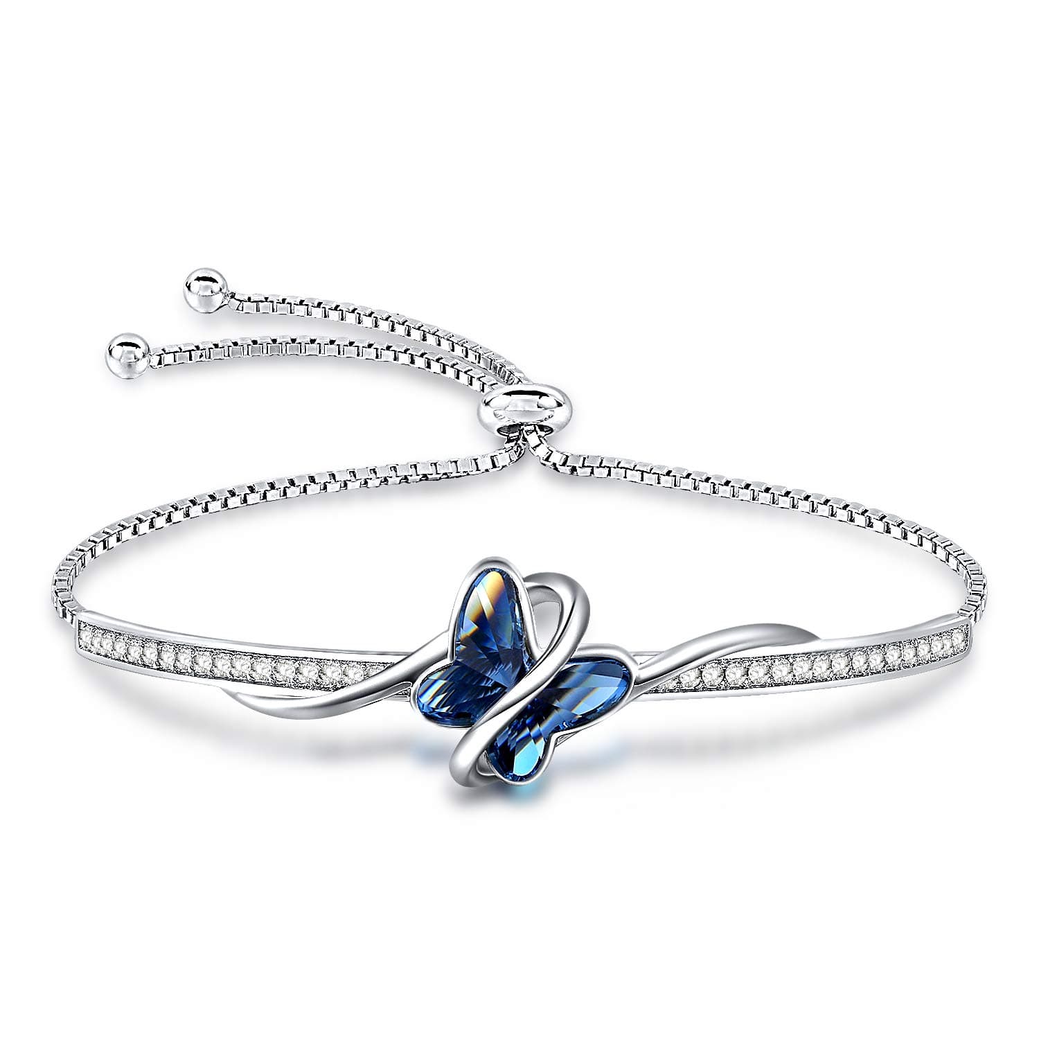 Papillon Bracelet Femme Plaqué Argent Cristal Bleu Cadeau Fête des Mères Femme