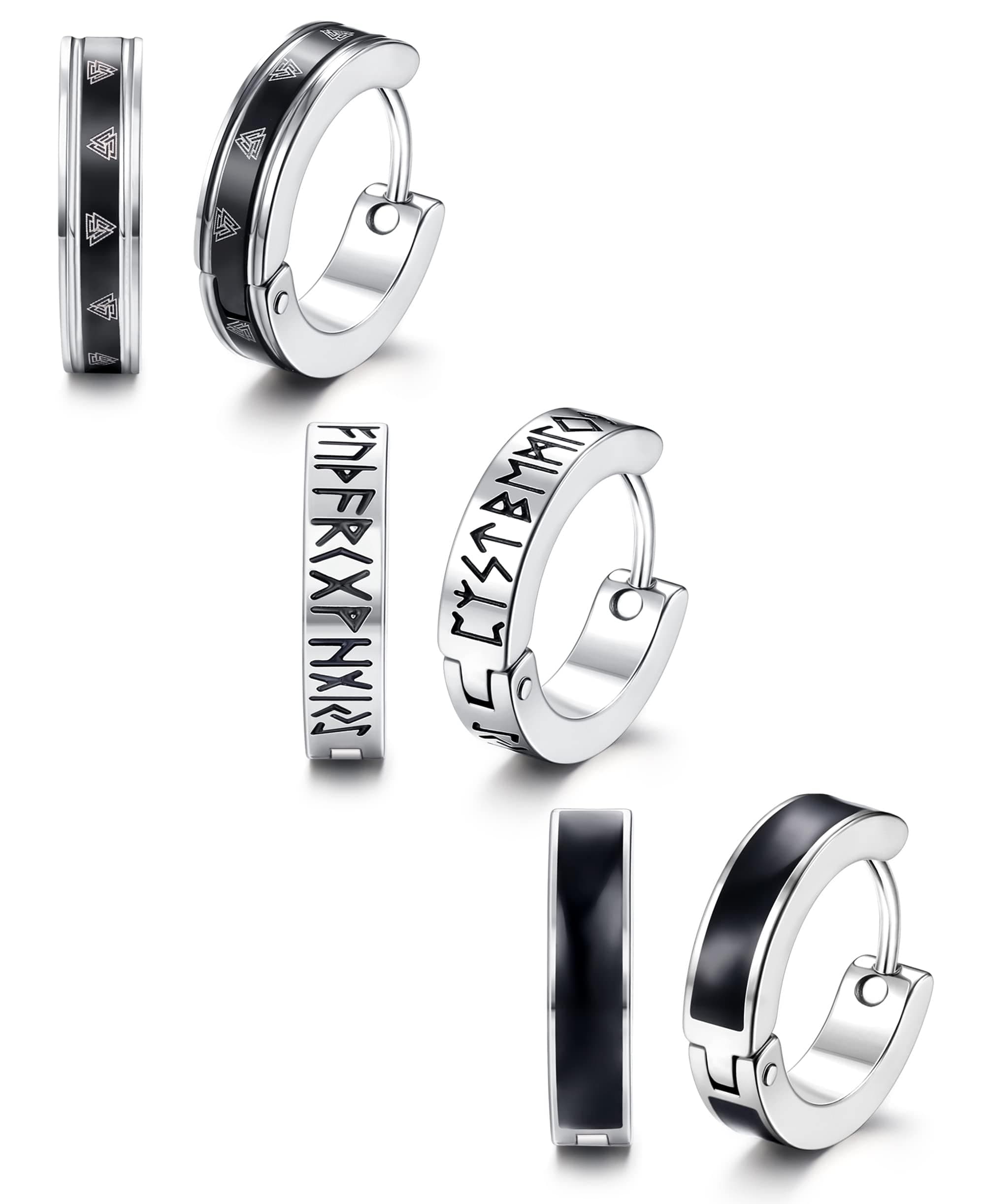 Adramata Lot de 3 paires de boucles d'oreilles créoles viking en acier inoxydable - Homme et Femme - Noir - Diamètre int