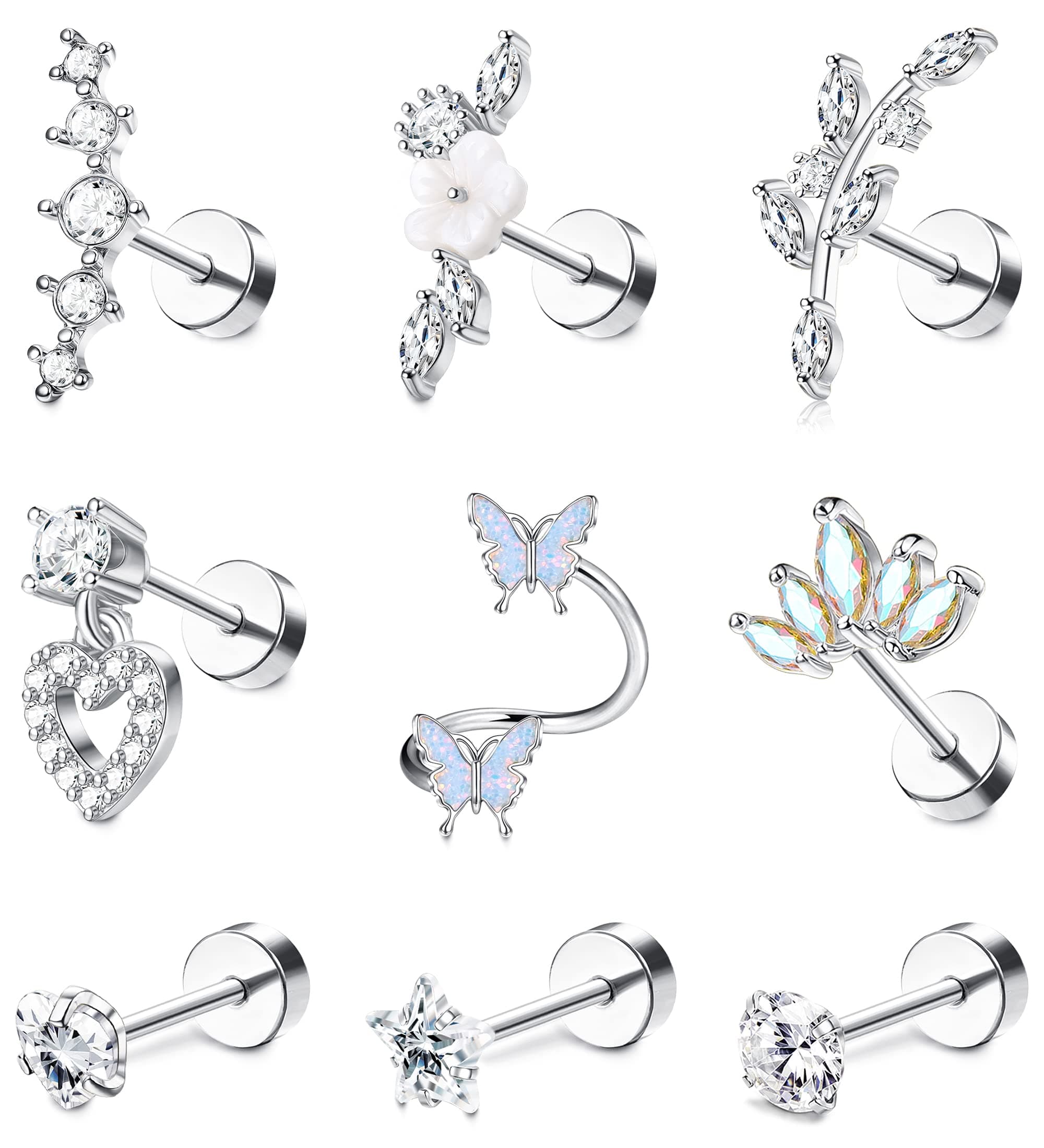 Adramata oreille piercing 16G Tragus Conque Cartilage pour Femme - Boucles d'Oreilles Papillon Fleur Helix(paquet de 9)