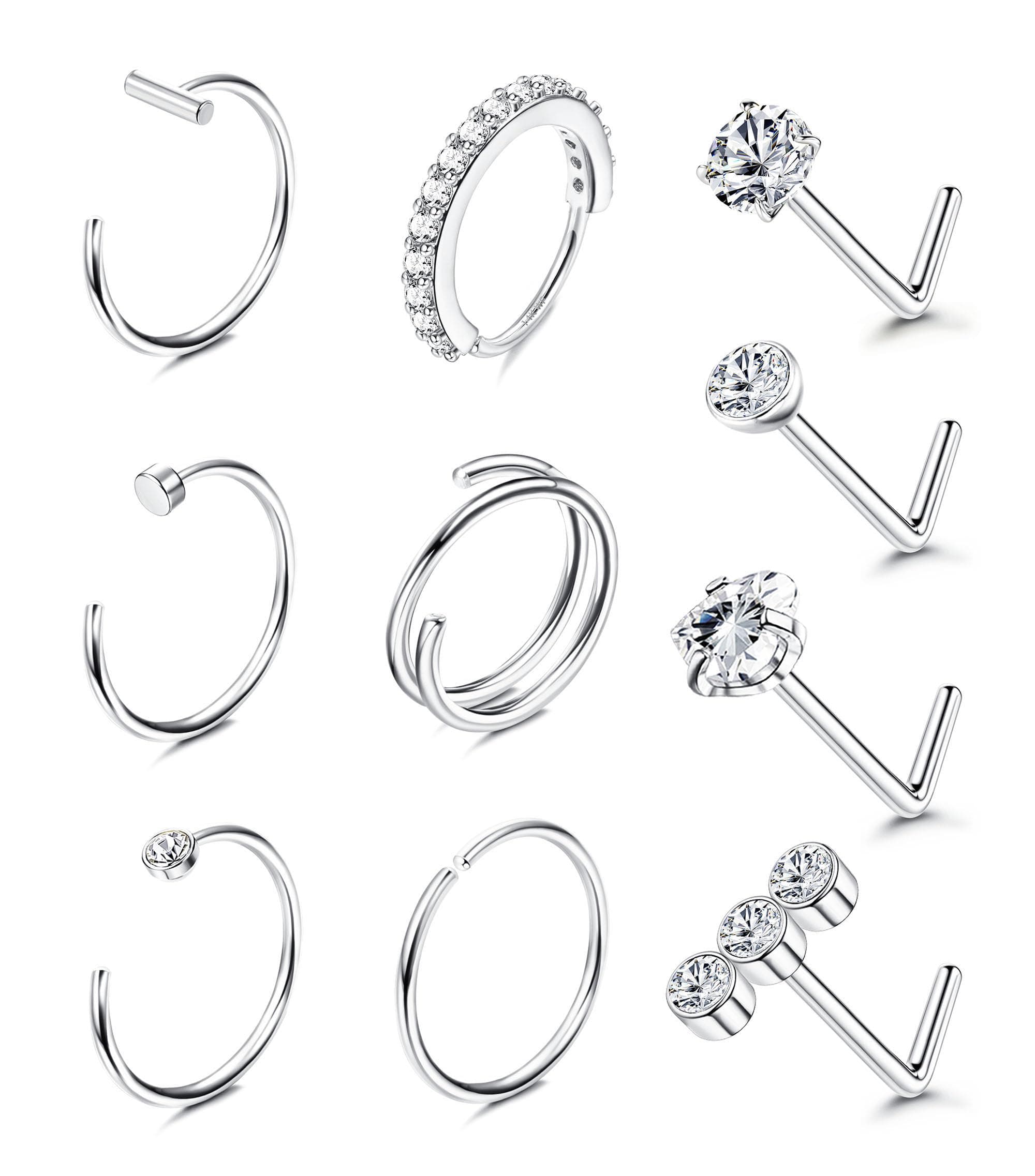 Adramata Piercings au Nez Or 14k Femme Homme 10 Pièces 20G Piercing Rond CZ Coeur Bijoux Percing Or Argent Épingles de N
