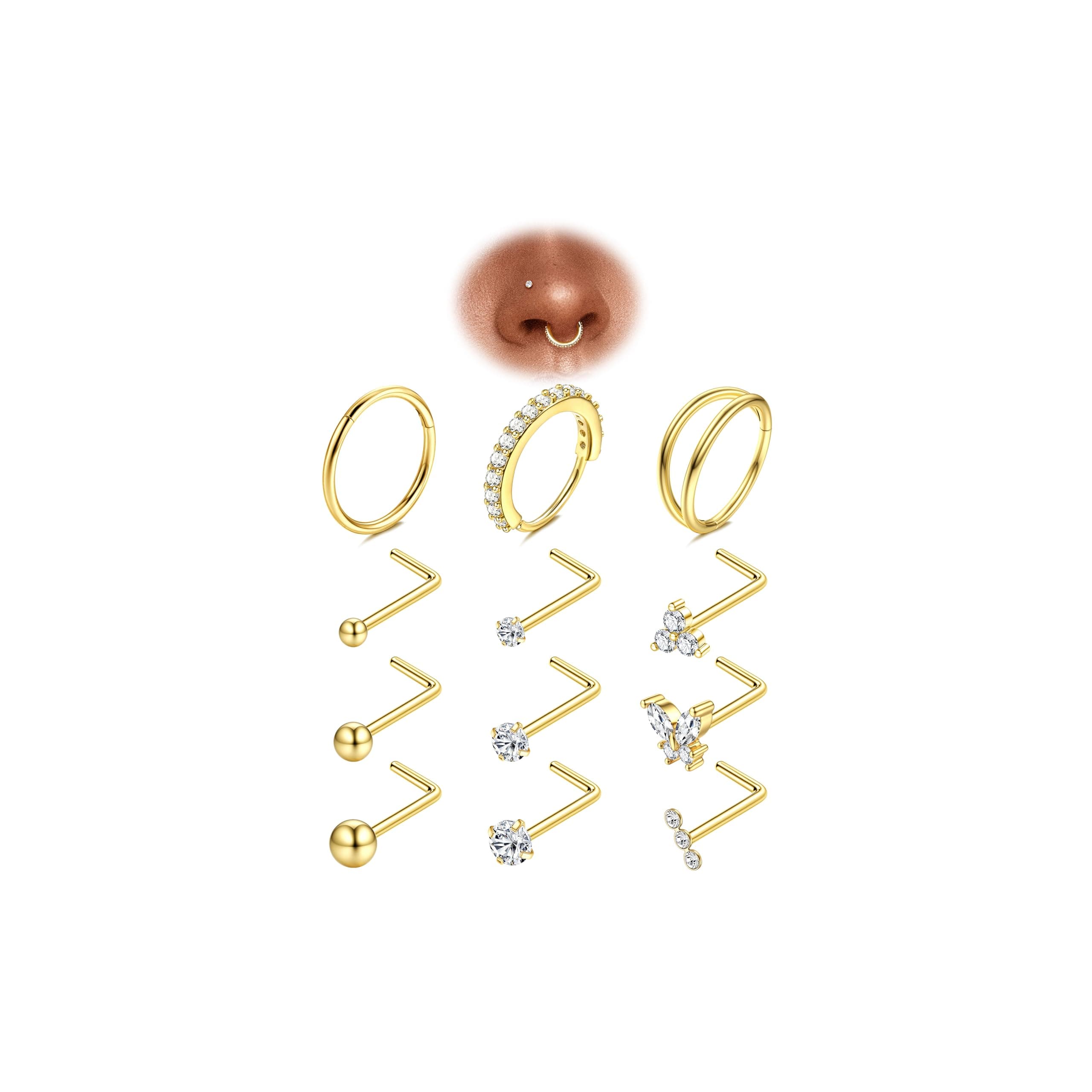 Adramata hypoallergénique piercing helix septum femme homme - Anneaux & Studs en forme de L 12Pcs 20G Acier Chirurgicalb