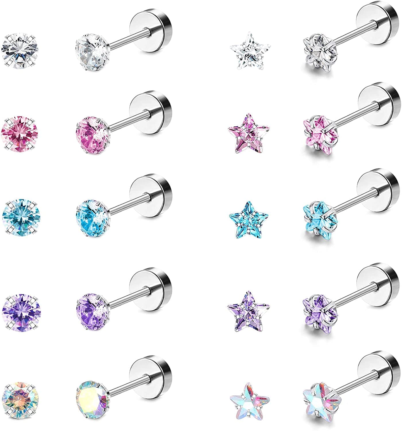 Adramata 10 Paires Boucles d'Oreilles Acier Inoxydable Étoile Cubique Zircone Tragus Barbell Femmes Recycled Claim Stand