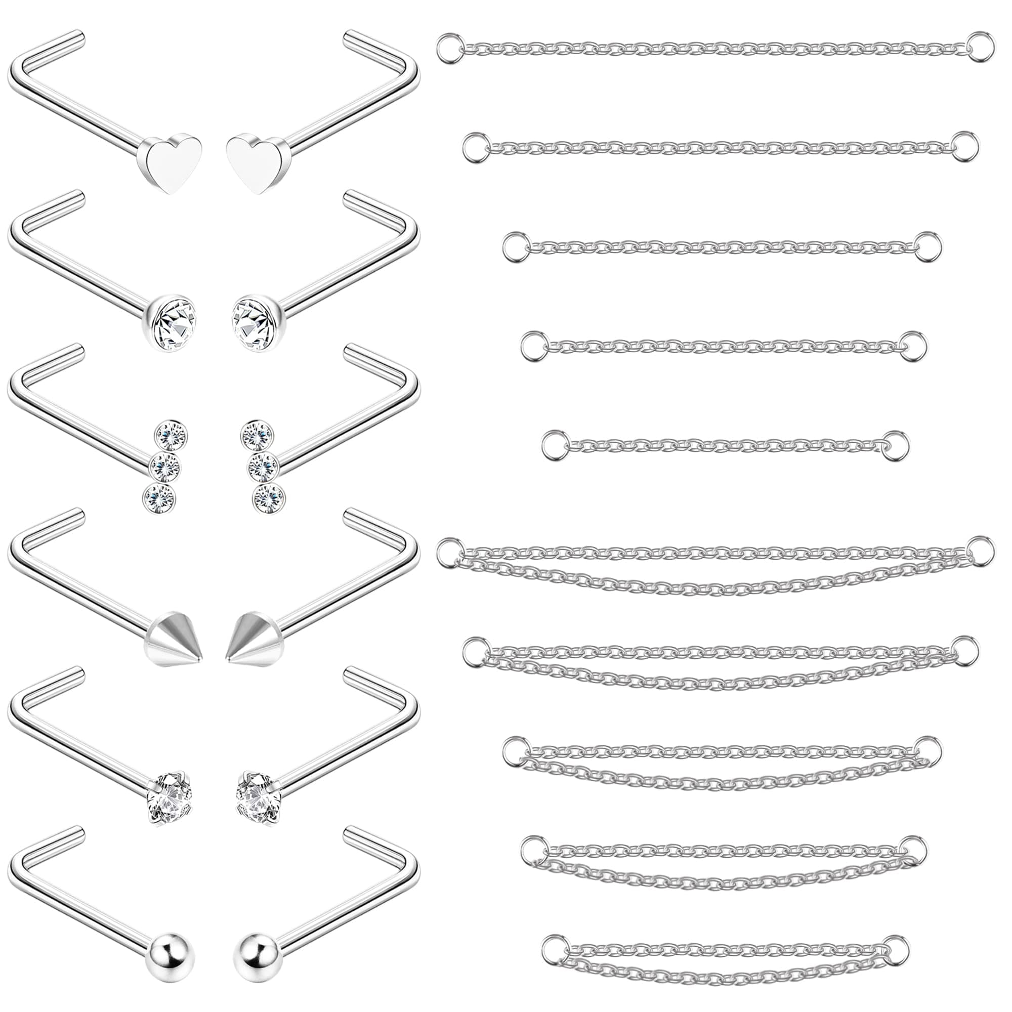 Adramata 12Pcs Nez Anneau + 10Pcs Chaîne de Nez pour Double Piercing de Femmes et Hommes - Acier Chirurgical 20G Recycle