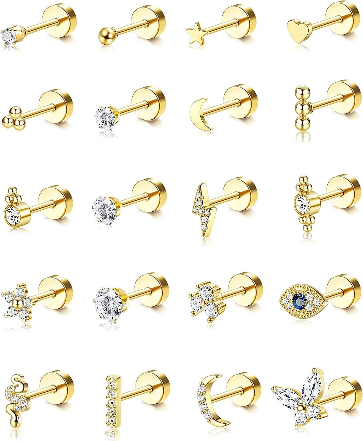 Adramata 20Pcs Acier Inoxydable Petite Boucles D'Oreilles 20G pour Piercings Cartilage Tragus Daith Hommes et Femmes Vis
