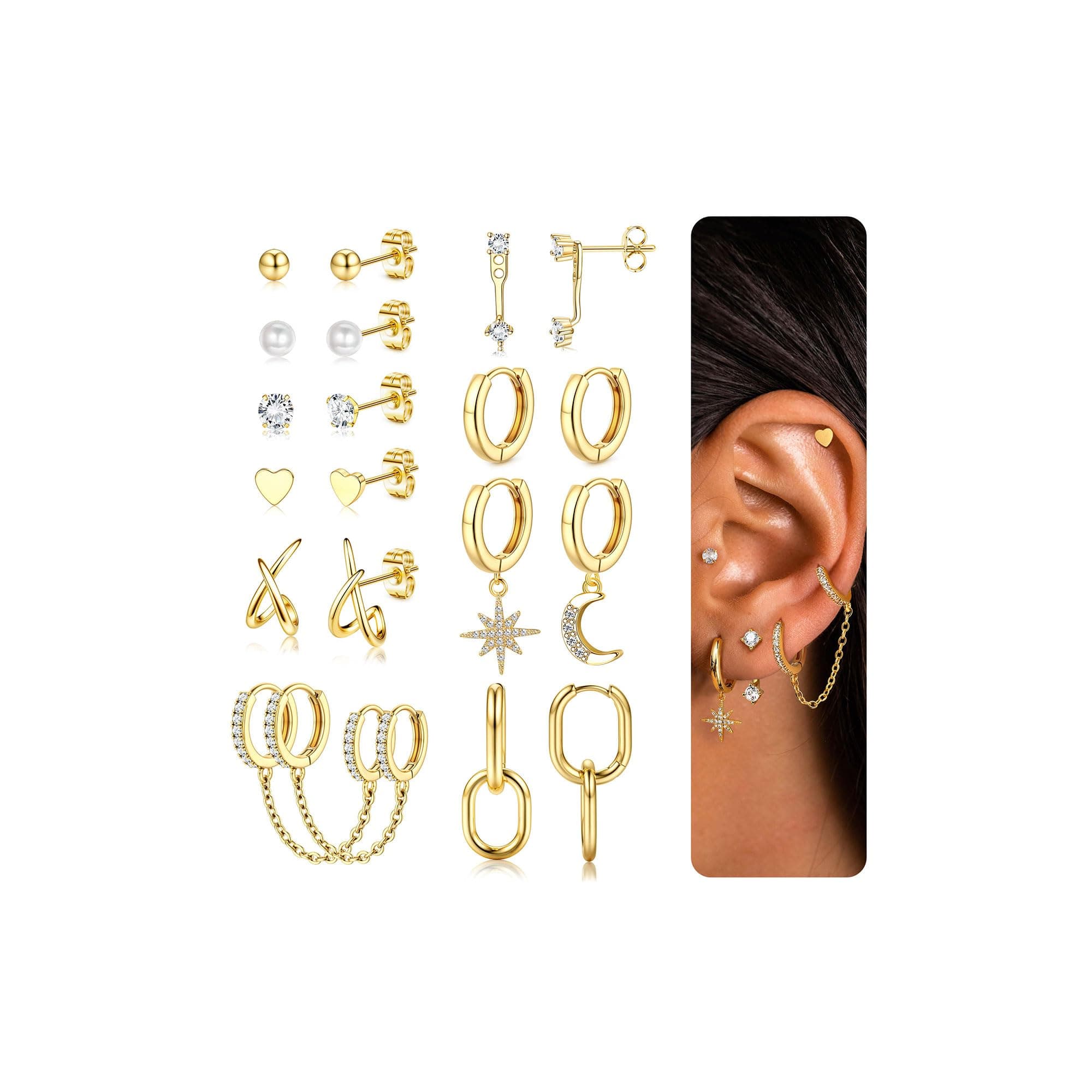 Adramata Or Argent Boucles d'Oreilles Femme Piercings Tragus Helix 10 Paires Climatiques Étanches