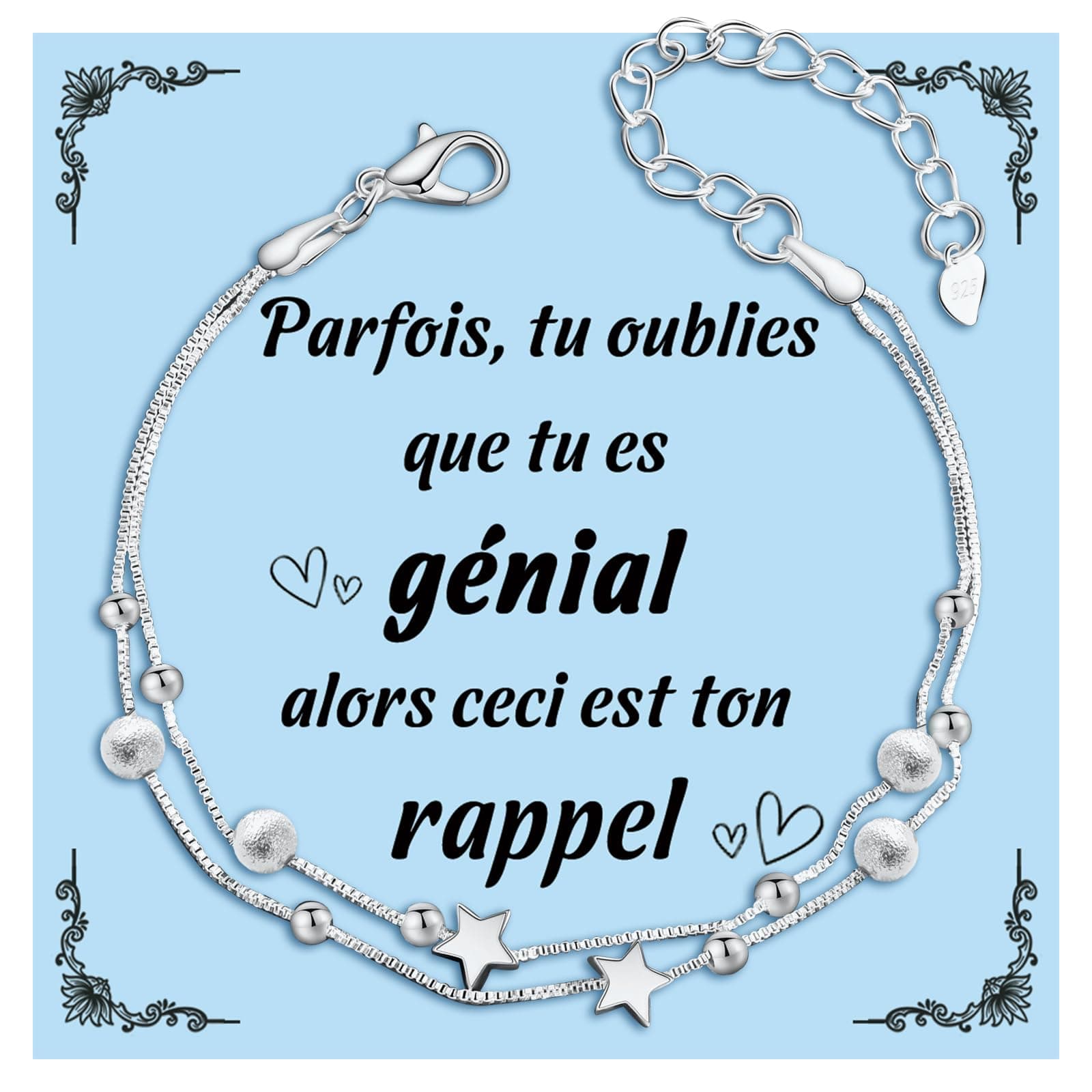 Bracelet Argent 925 VGWON Femme Étoiles Perles Cadeau Adolescentes Personalisé Longueur Réglable
