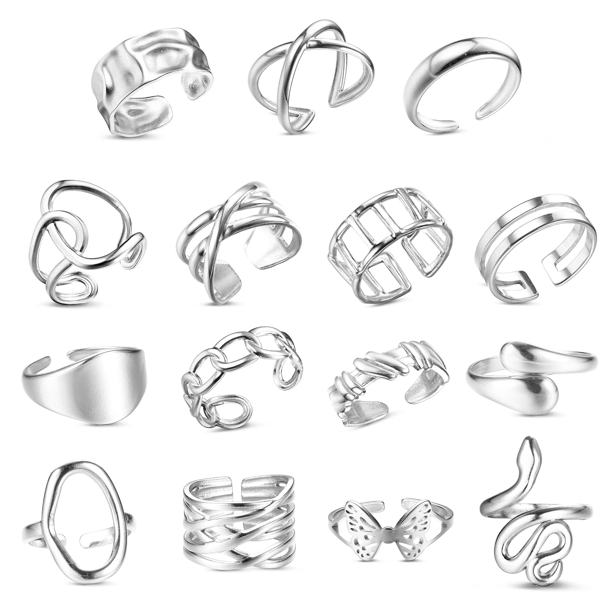 Bague Argent Acier Inoxydable LOLIAS pour Femmes - 16 Pièces Ouvert Réglable Vague Câlin Empilables Noeud Plume Orteil L
