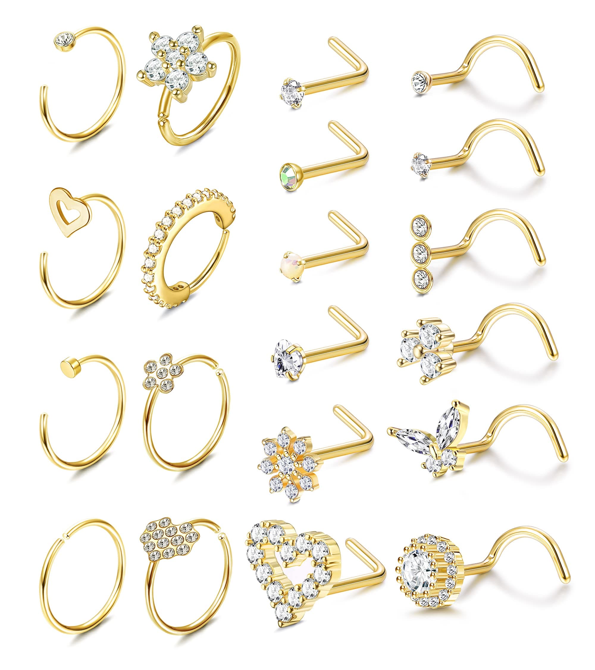 Adramata Nez Anneau Acier Chirurgical pour Femmes et Hommes - 20Pcs 20G Piercing de Nez Anneaux de Lèvres Septum CZ Noir