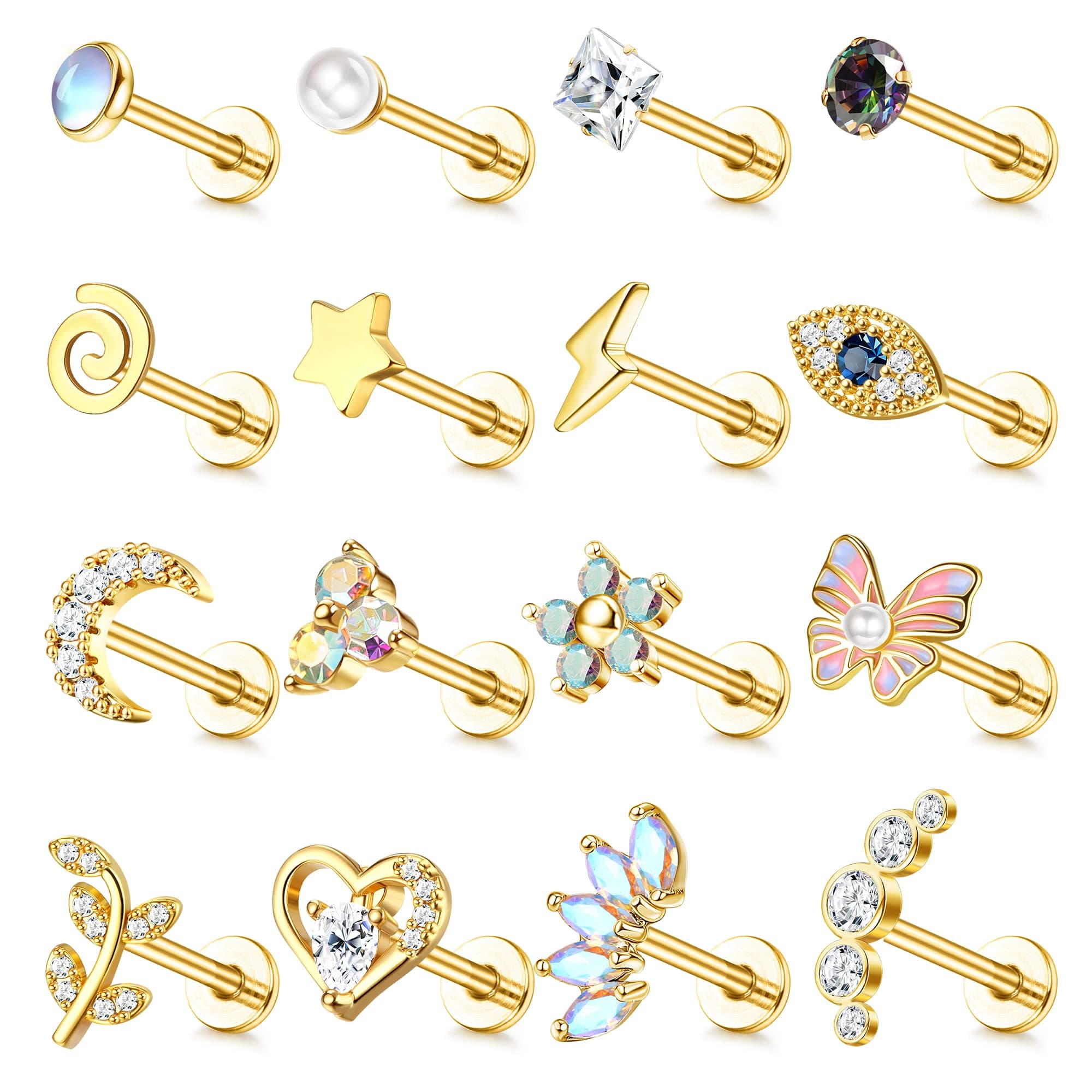 Adramata Acier Chirurgical Oreille Piercing pour Femme 16Pcs 16G Tragus Cartilage Fleur Papillon Conque Helix Bijoux Rec