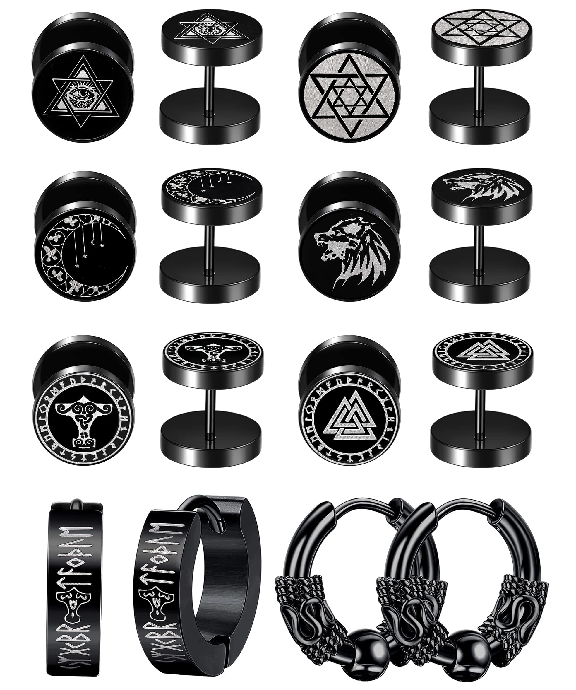 Adramata 8 Paires Boucles d'Oreilles Acier Inoxydable pour Homme et Femme, Boucles d'Oreille Créoles Noir, Faux Ecarteur