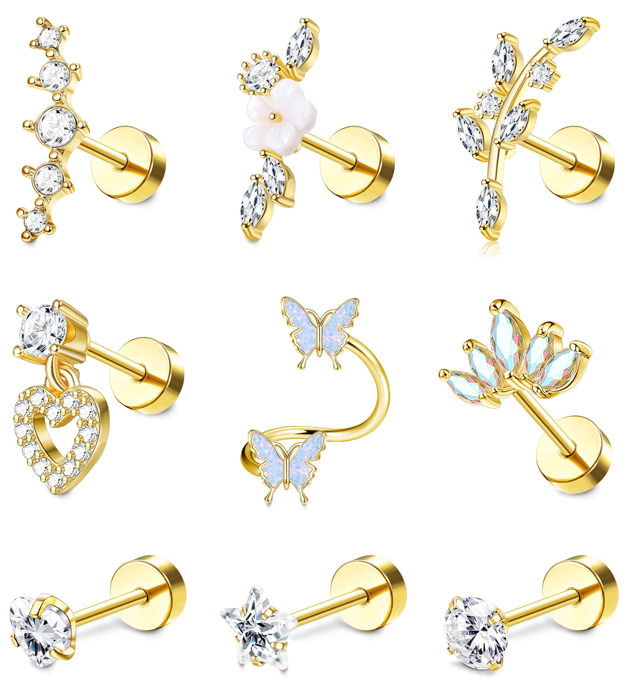Adramata Oreilles Piercings pour Femme Acier Chirurgical Papillon Fleur Boucles d'Oreilles - Bijoux Tragus Conque Cartil