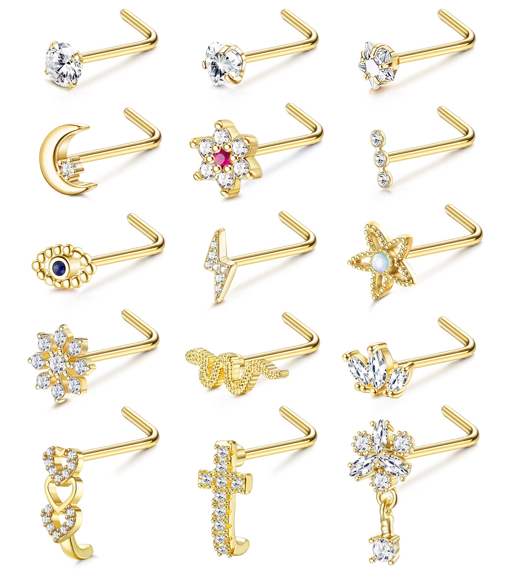 Adramata 15 Pcs Piercing Nez en Acier Chirurgical pour Femme et Homme - L/Vis en Forme de Serpent | Fleur Clous de Nez A