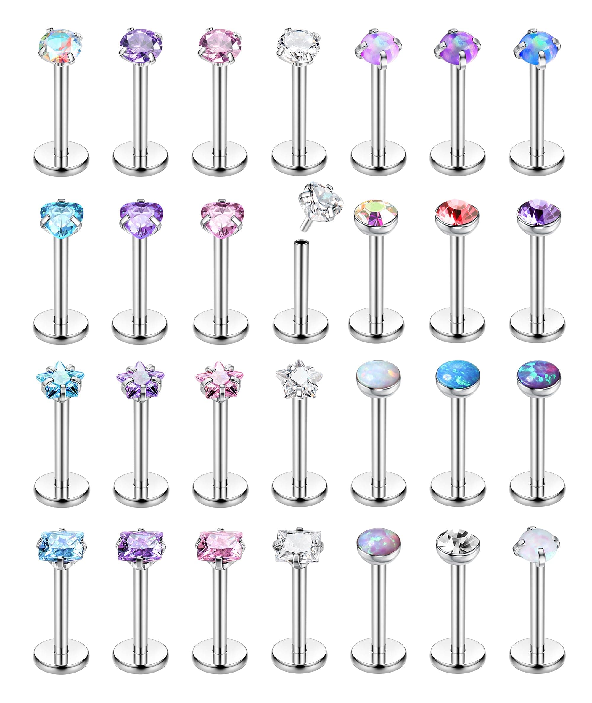 Adramata 28PCs Piercings Labret Lips Surgery Steel, Medusa CZ Opales,pour Hommes et Femmes - Sophie Event et Daily Wear