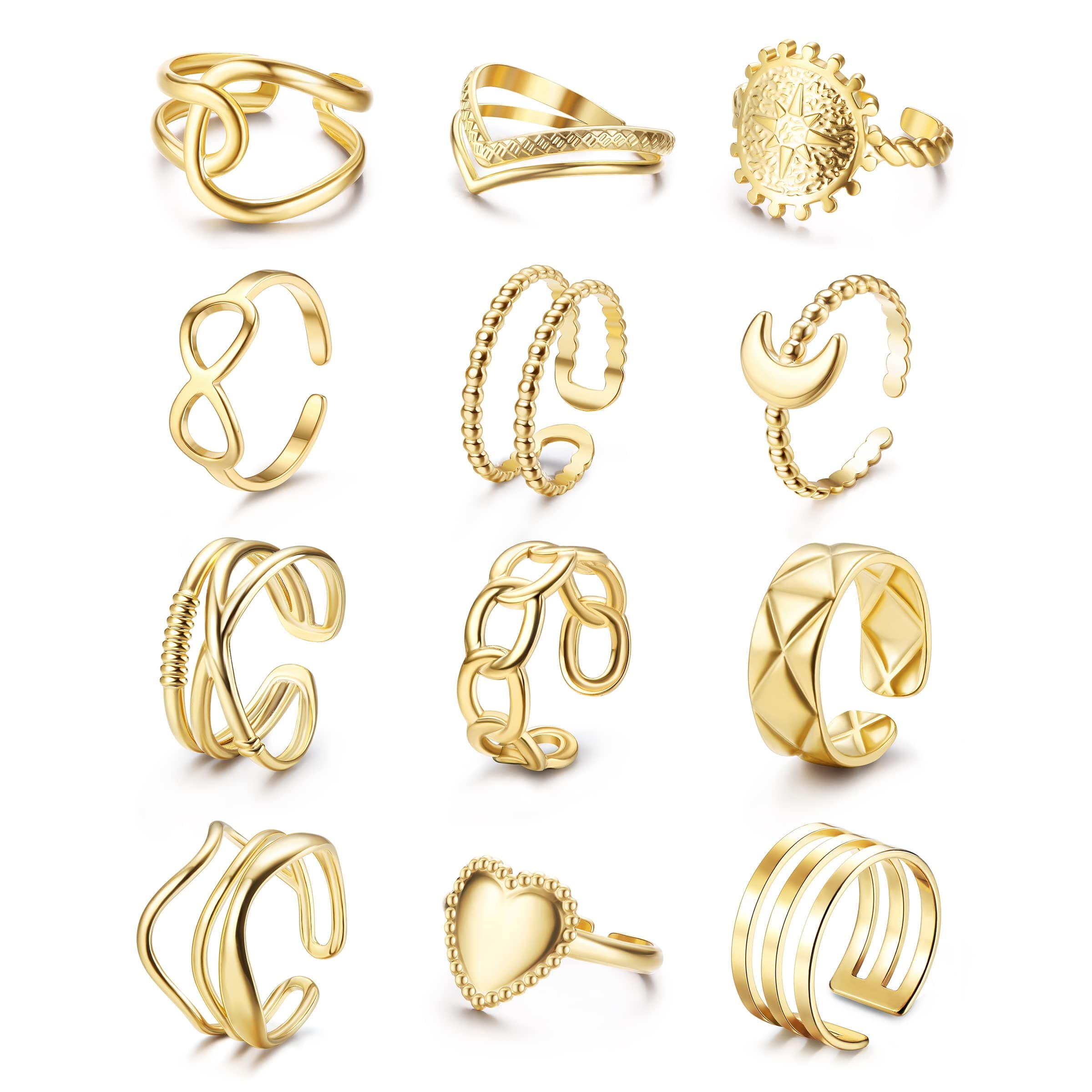 Adramata 12Pcs Bagues Femme Inoxydables Boho minimalistes Coeurs Infinis Reglables Or Argent Boho Bagues Femme Empilable