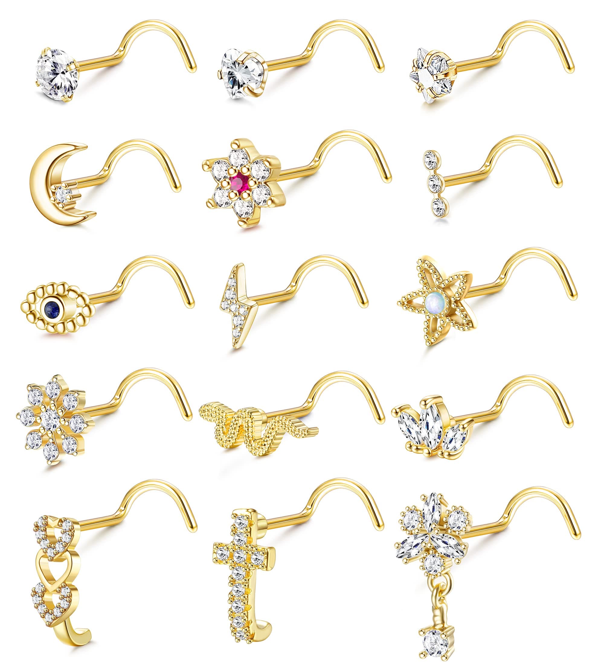 Adramata 15 Pièces Piercings au Nez pour Femme et Homme en Acier Chirurgical et Vis Serpent Fleurbijoux Or Argent