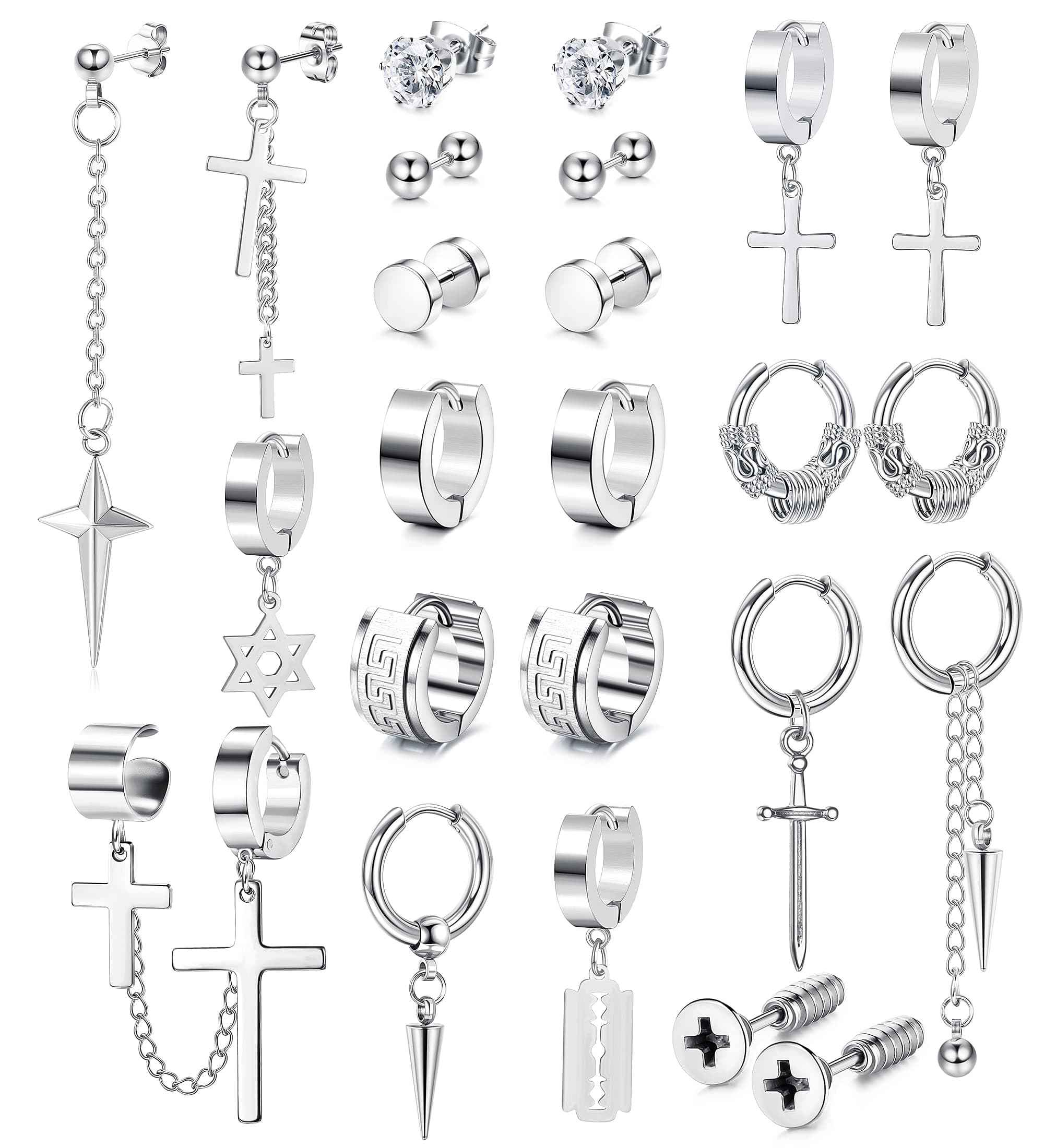 Adramata 24 Pcs Boucles d'Oreilles Acier Inoxydable pour Homme Punk et Fantaisie Standard 100 Noir