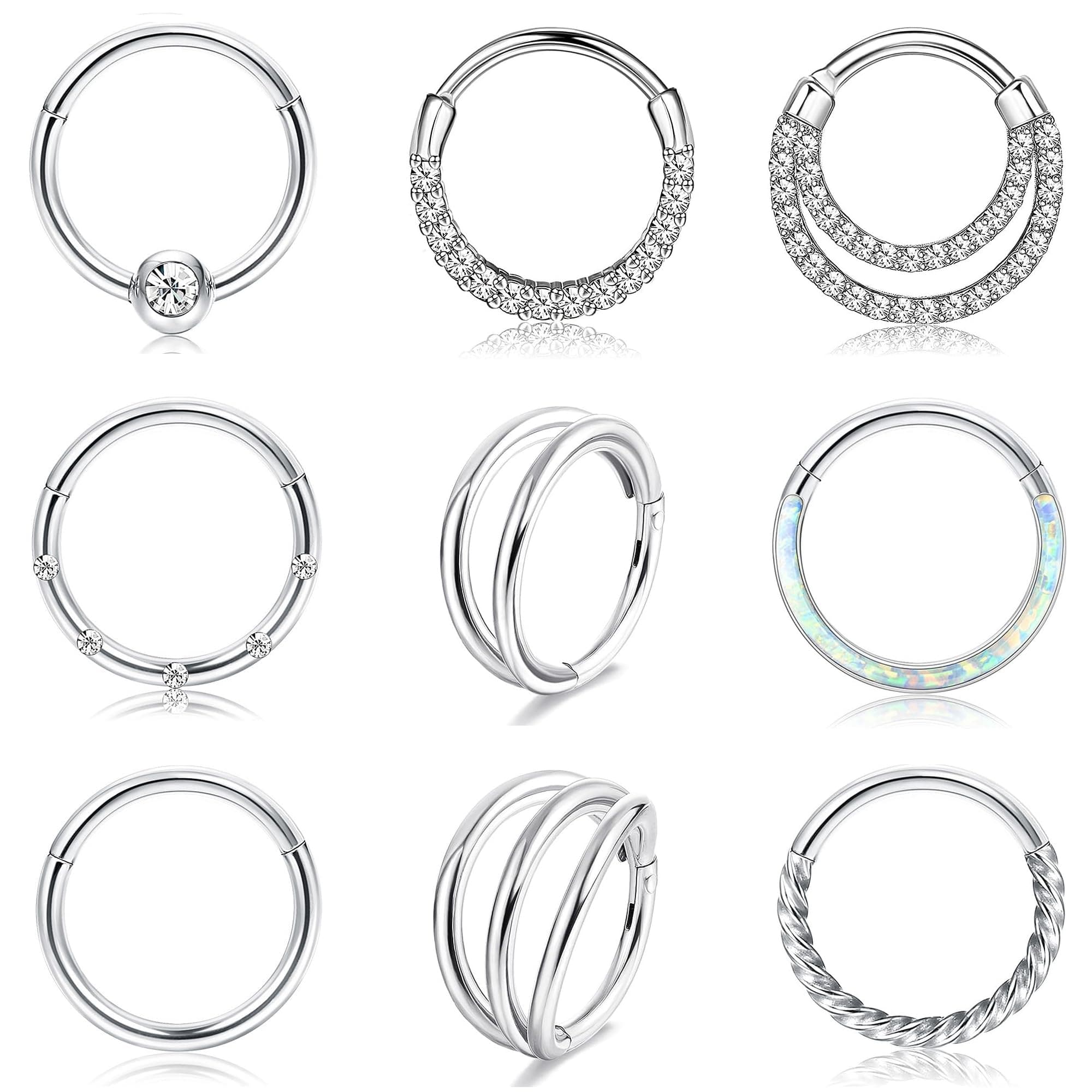 Adramata 9 PiècesAnneaux de Septum 16G Acier Chirurgical Opale CZ pour Femme Hommeavec Bijoux de Piercings 8MM 10MM Recy