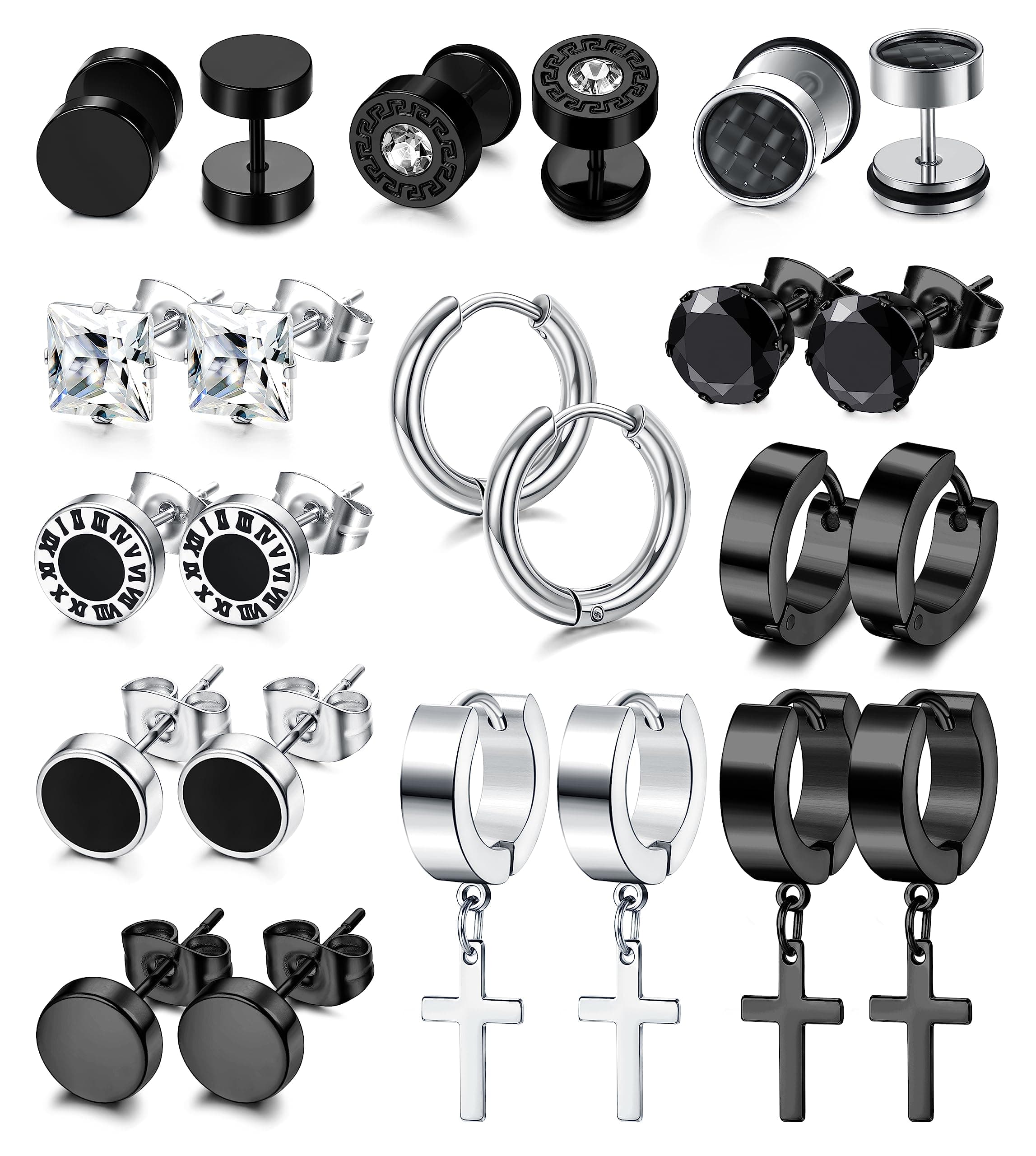 Adramata 12 Paires Boucle d'Oreille Acier Inoxydable Homme Cool Piercing Croix Recycled Claim Standard 100 mm Boucles d'