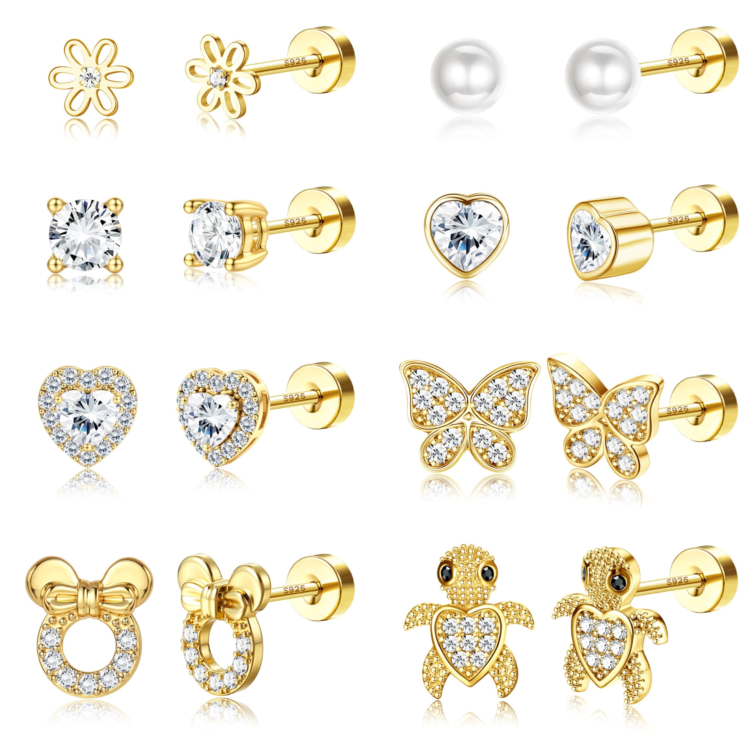 Adramata Boucles d'Oreilles Argent 925 Filles Femme Hypoallergéniques Fer Boucle d'Oreille Sensibles Fleur Coeur Papillo
