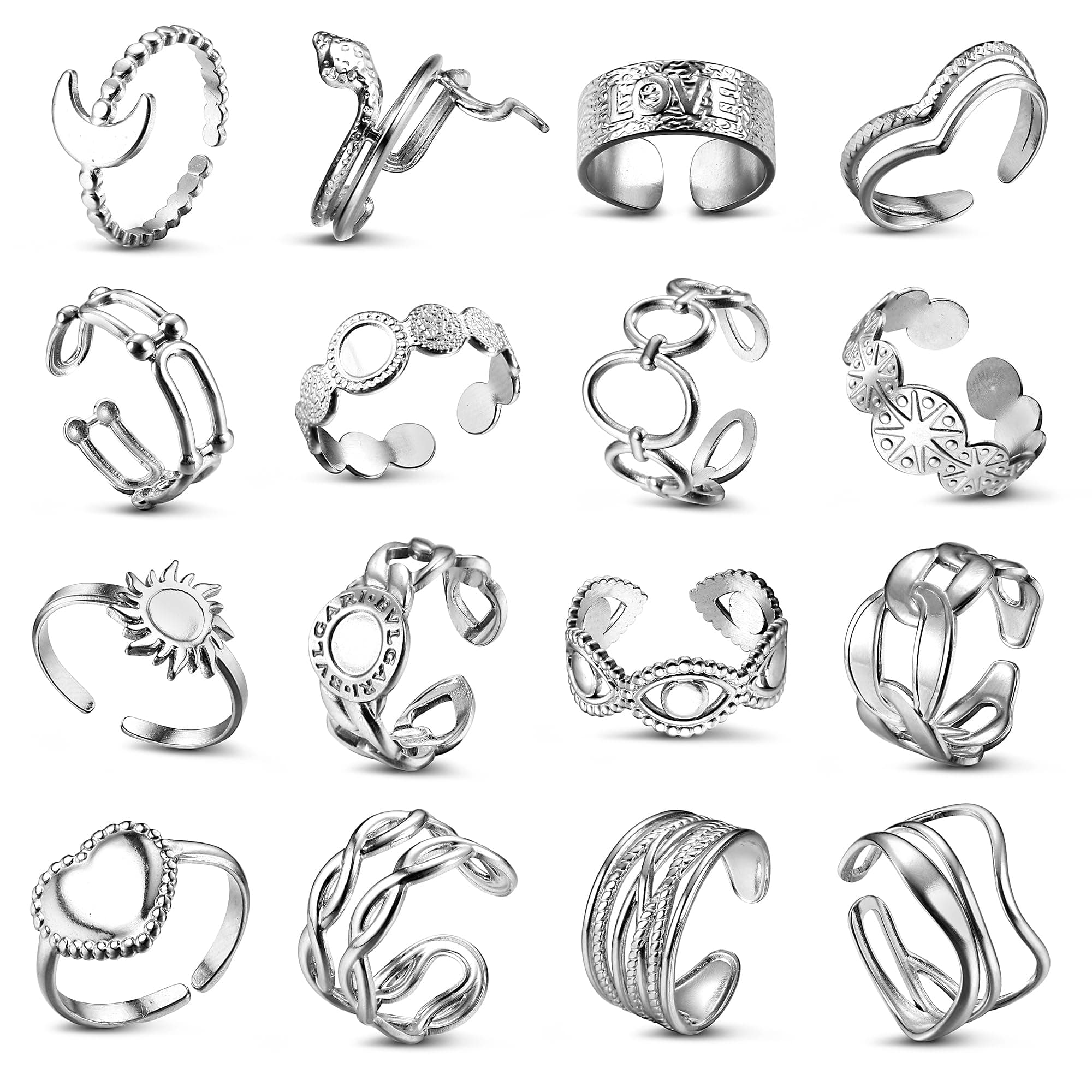 Adramata Acier Inoxydable Bague Femme Modèle Reglable Boho Minimaliste Fleur Coeur Papillon Empilables Argent Recycled 1