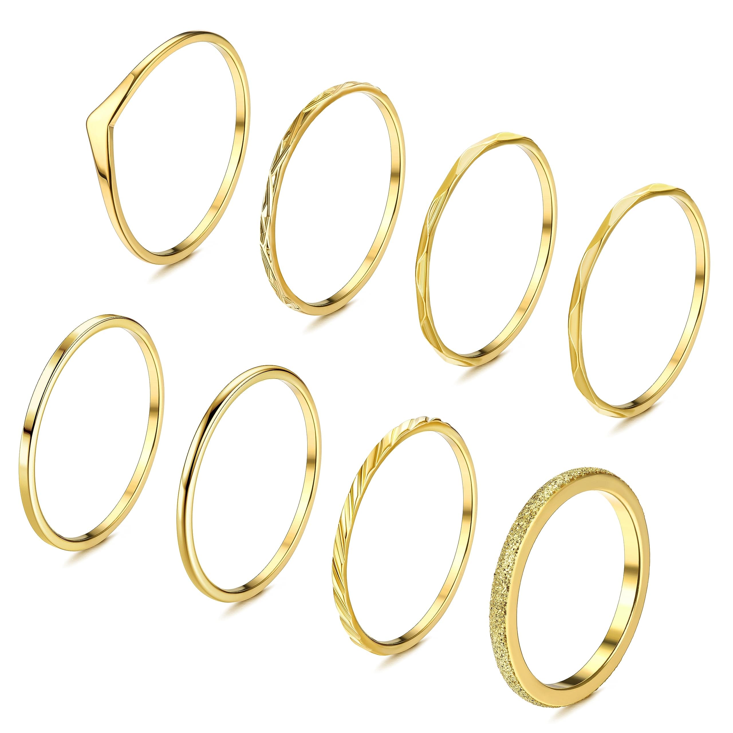 Adramata 8 Pièces Bagues Femme Acier Inoxydable Plaqué Or 14K Empilables minces Minimalistes Bagues de Déclaration Boho