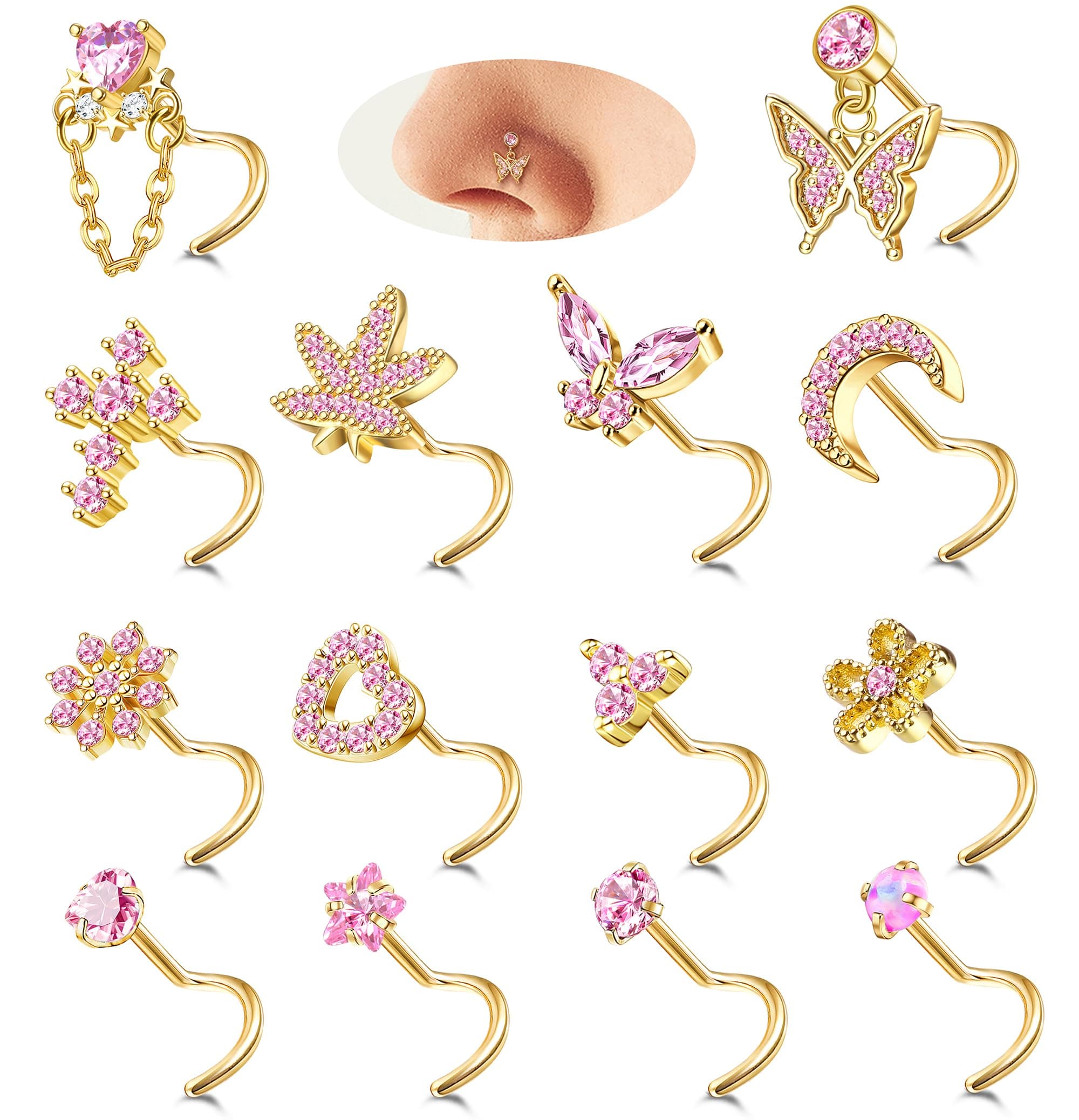 Milacolato Piercings Nez Femme Or Acier Inoxydable CZ Anneaux de Nez Argent Coeur Papillons Clous de Nez Bijoux 14Pièces