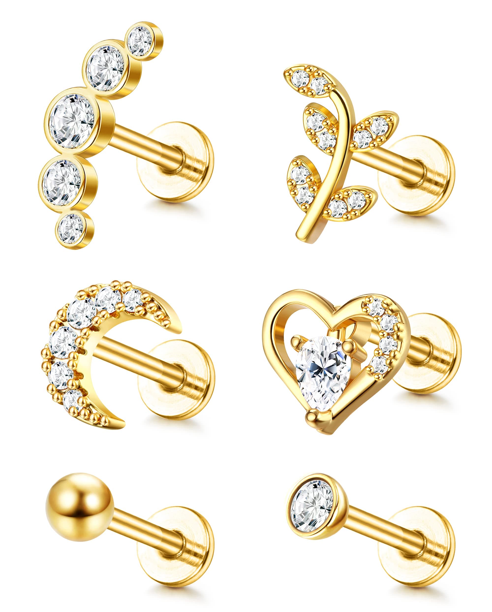 Adramata 6 Pièces Piercings Pour Piercés Fileté CZ Femmes Hommes Bijoux Oreille Recycled Standard 100