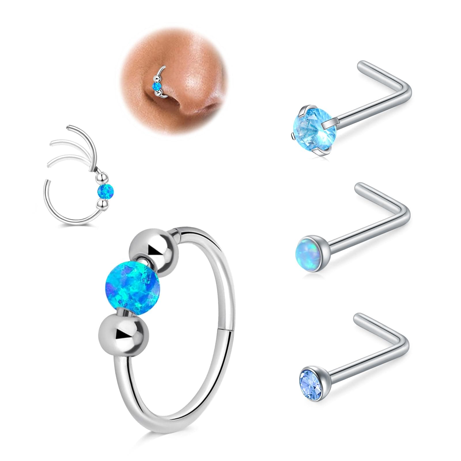 LAURITAMI Opal piercing nez anneau mince 18G, connecteur acier chirurgical 20G piercing nez spirale, set pour piercing n