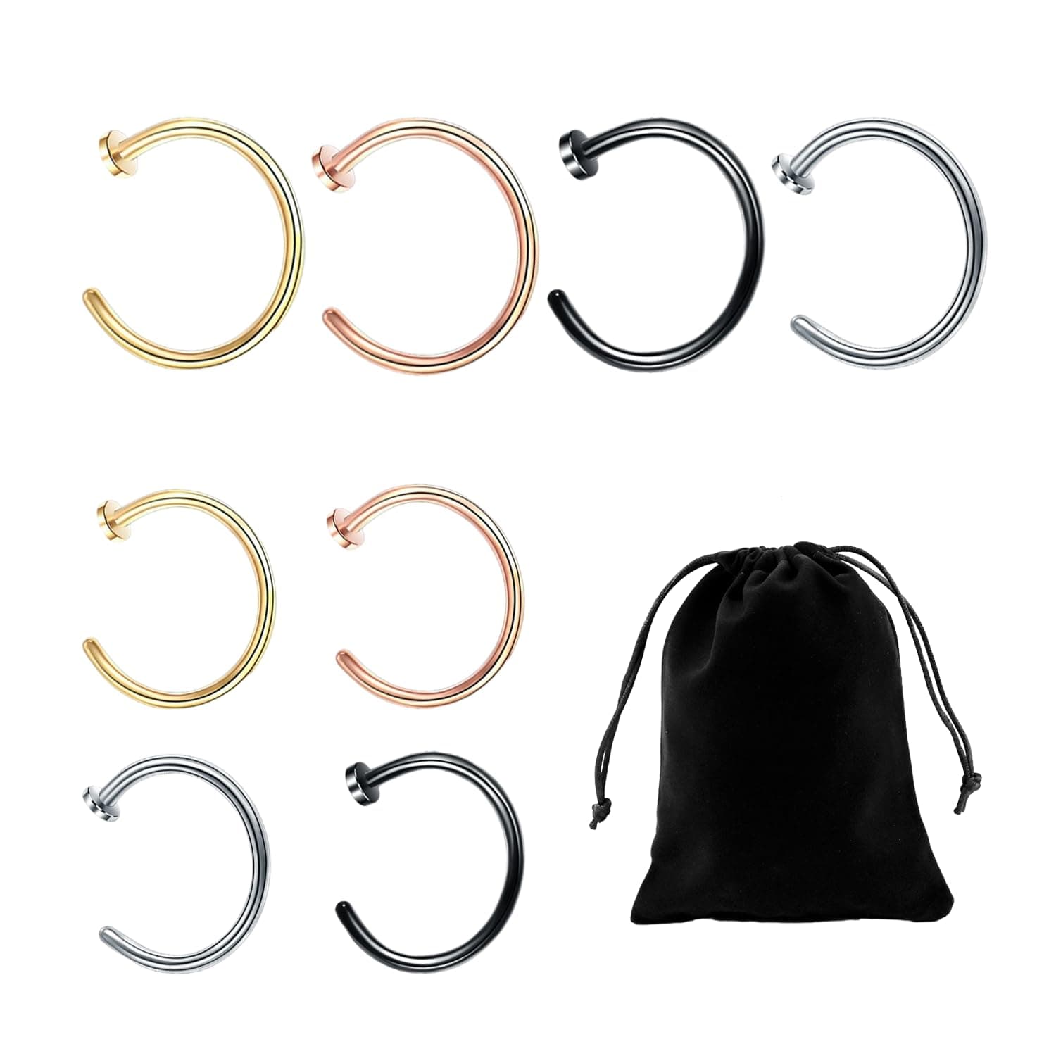 NyxSeat Lot de 8 piercings de nez - Anneau de piercing en acier inoxydable - Convient pour tous les utilisateurs - Idéal