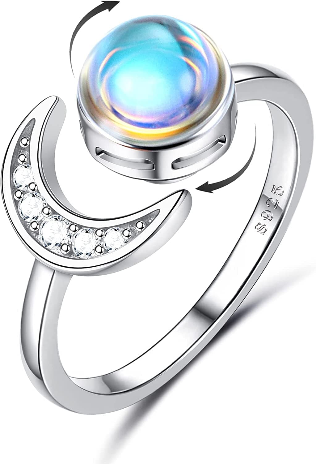 Adramata Bague Anti Stress 925 Sterling Silver Blanc Plaque 18 Carats pour Femme Spinner Ring réglable Anxiety Relief