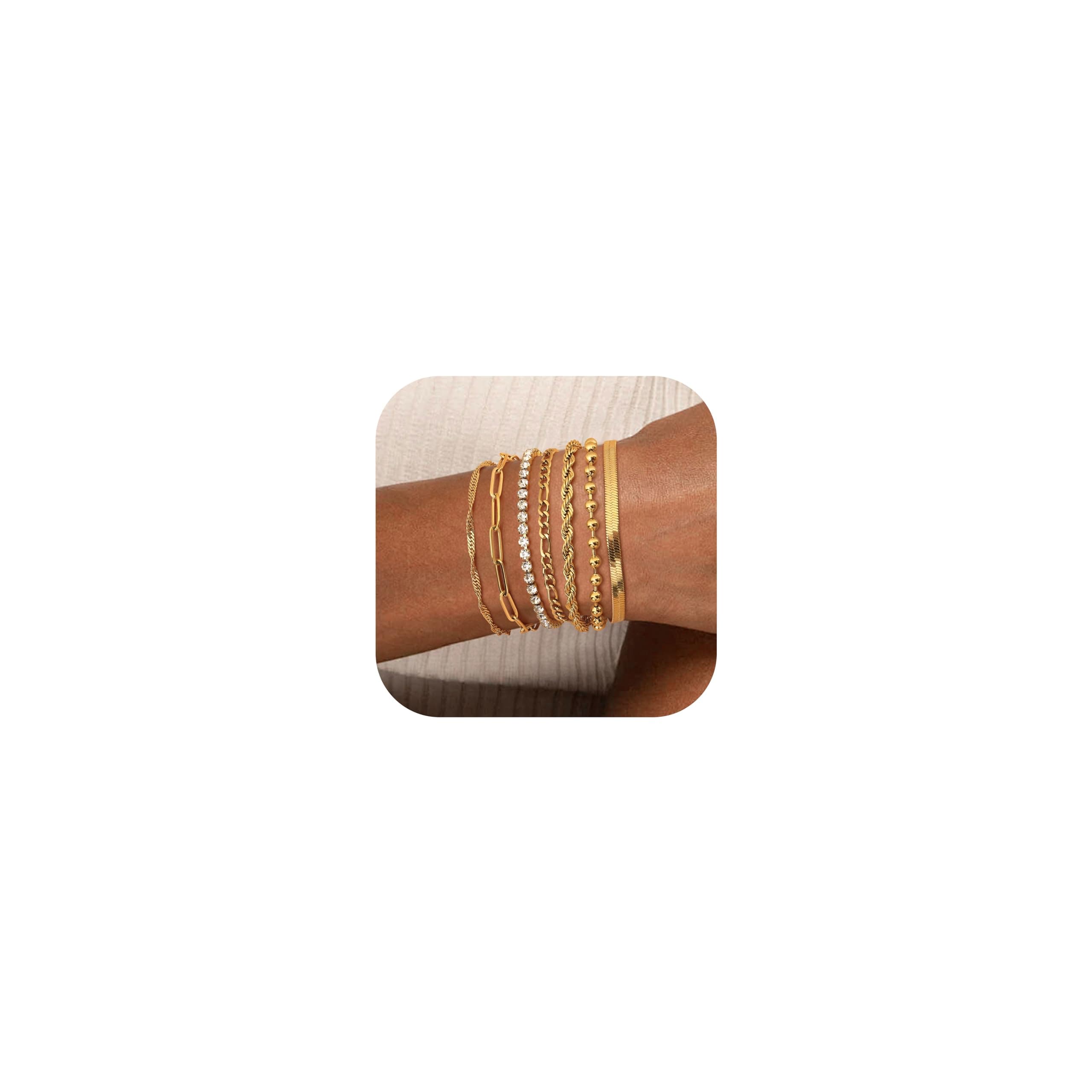 Adramata Chaîne Bracelet Acier Inoxydable Femme Regelable Réglable CZ Fantaisie Argent Or Ensemble 7 Pcs pour Femmes Fil