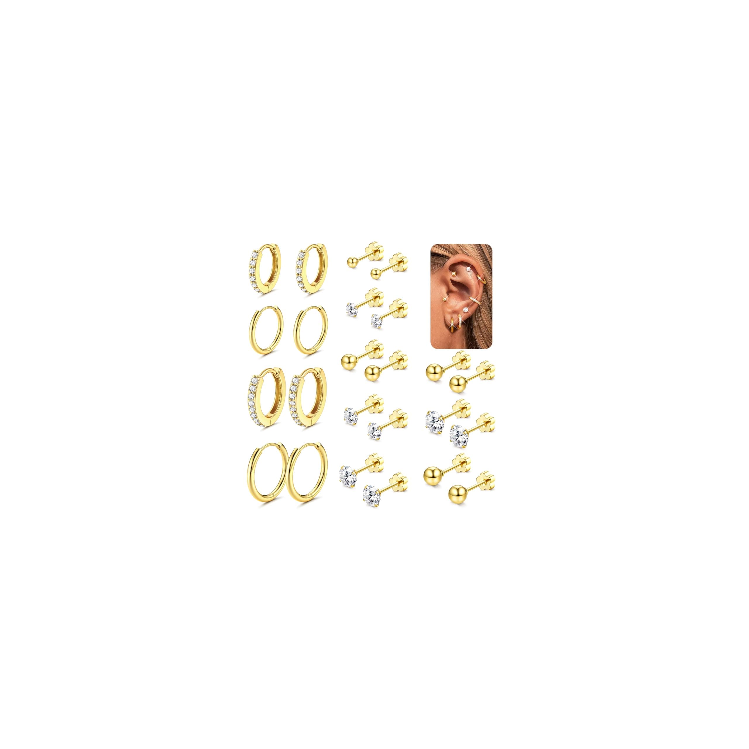 Adramata 12 Paires Boucles d'Oreilles Femme Acier Inoxydable Hypoallergéniques Cartilage Piercing Helix Or Argent Recycl