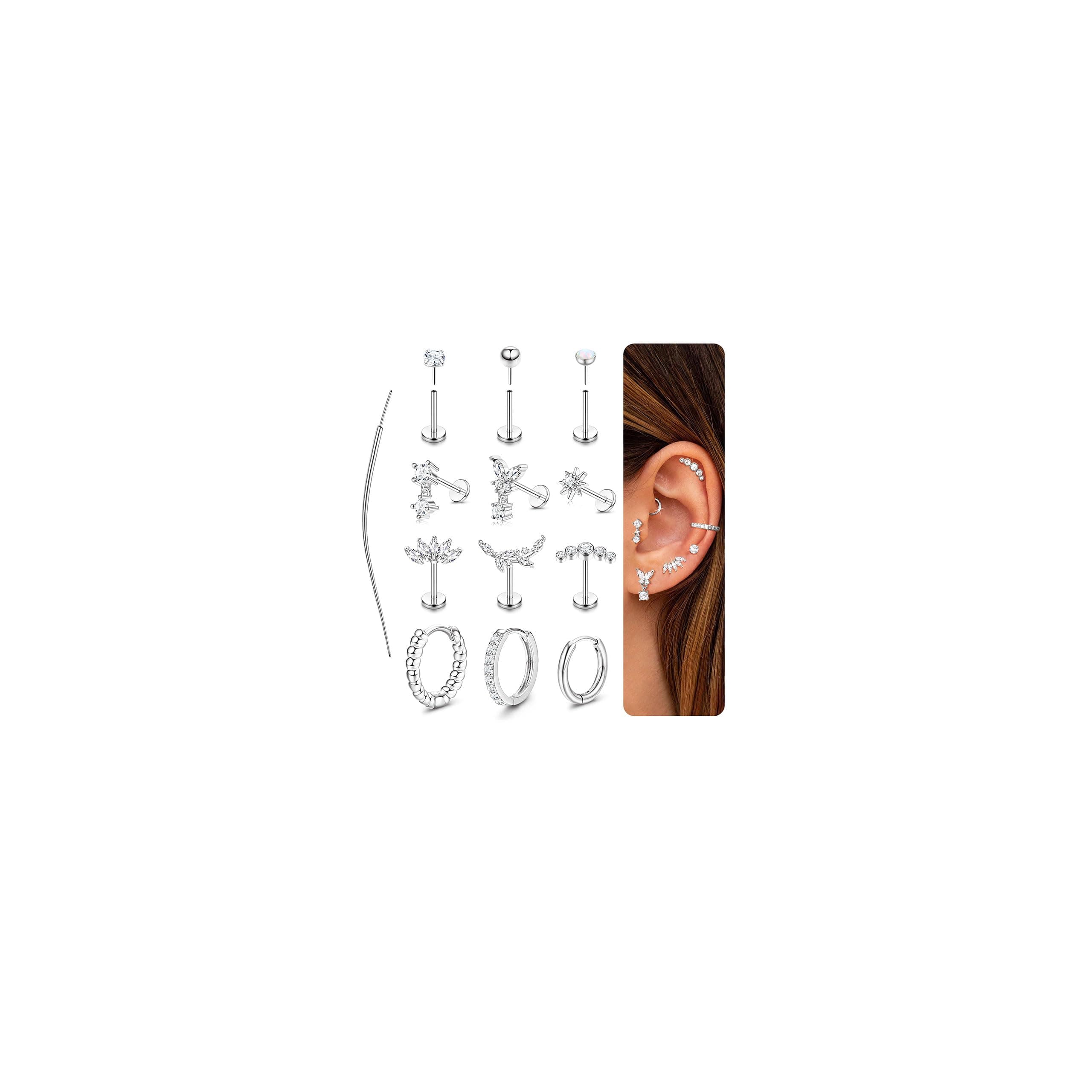 Adramata Piercing Oreille Acier Inoxydable Boucles d'Oreilles Femme Sans Fil Piercing Helix Or Argent Boucles d'Oreilles