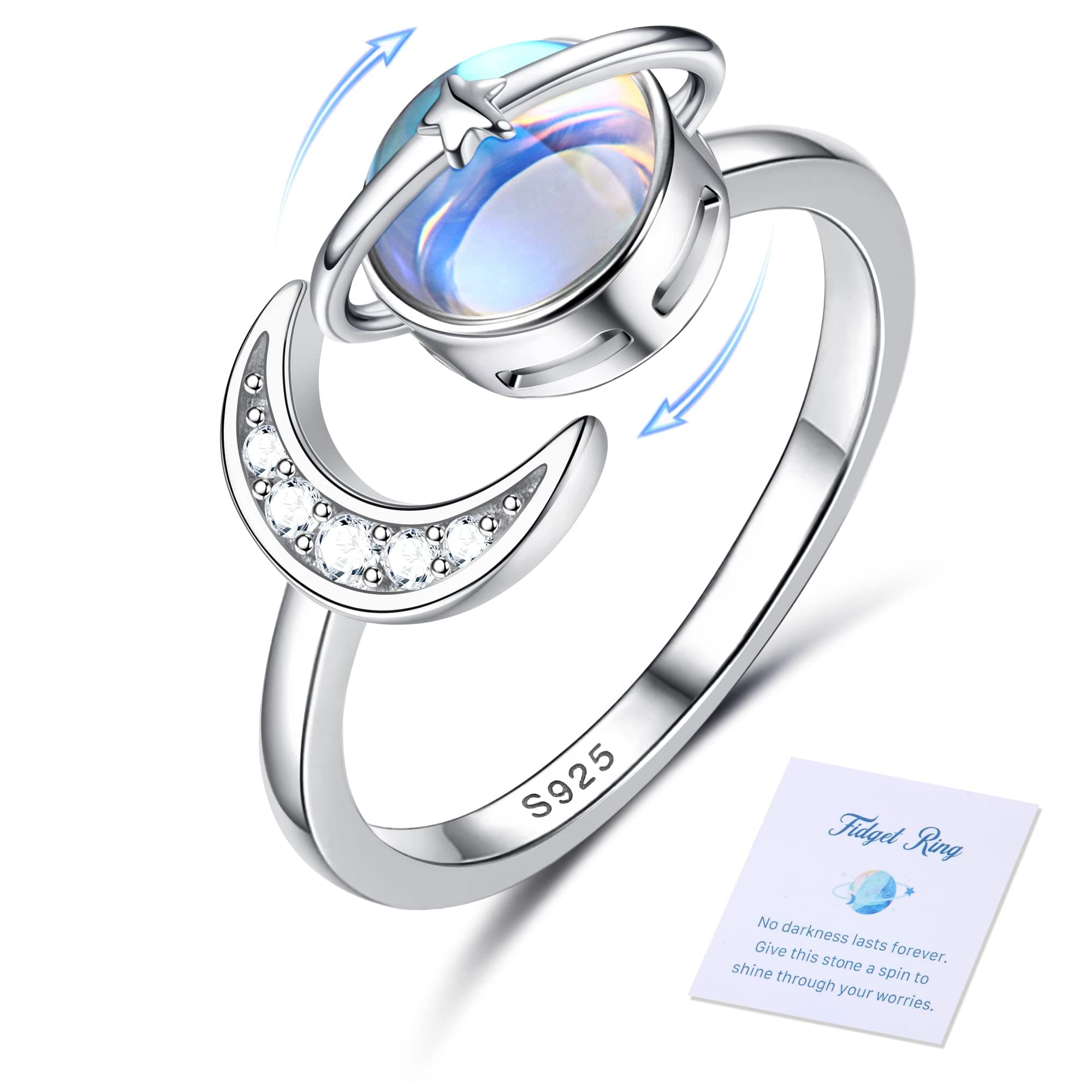 Bague Anti Stress Adramata Femme Argent Sterling 925 Pierre de Lune CZ Anxiety Bague Réglable Étoile Lune Spinner Fidget