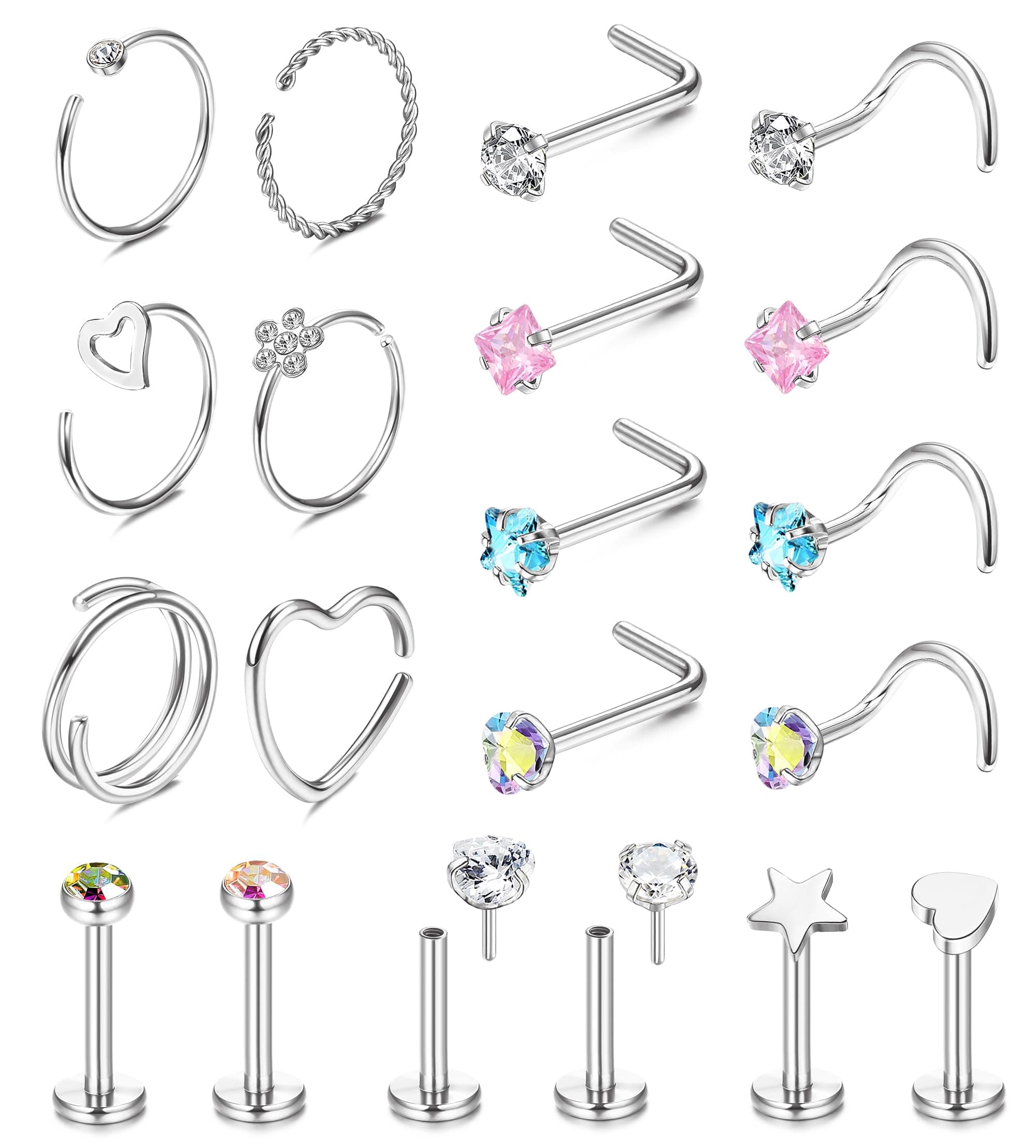 Adramata Élégants Piercings au Nez pour Femme et Homme - 20PC Acier Chirurgical 2MM CZ Coeurbijoux Recyclé Standard 100