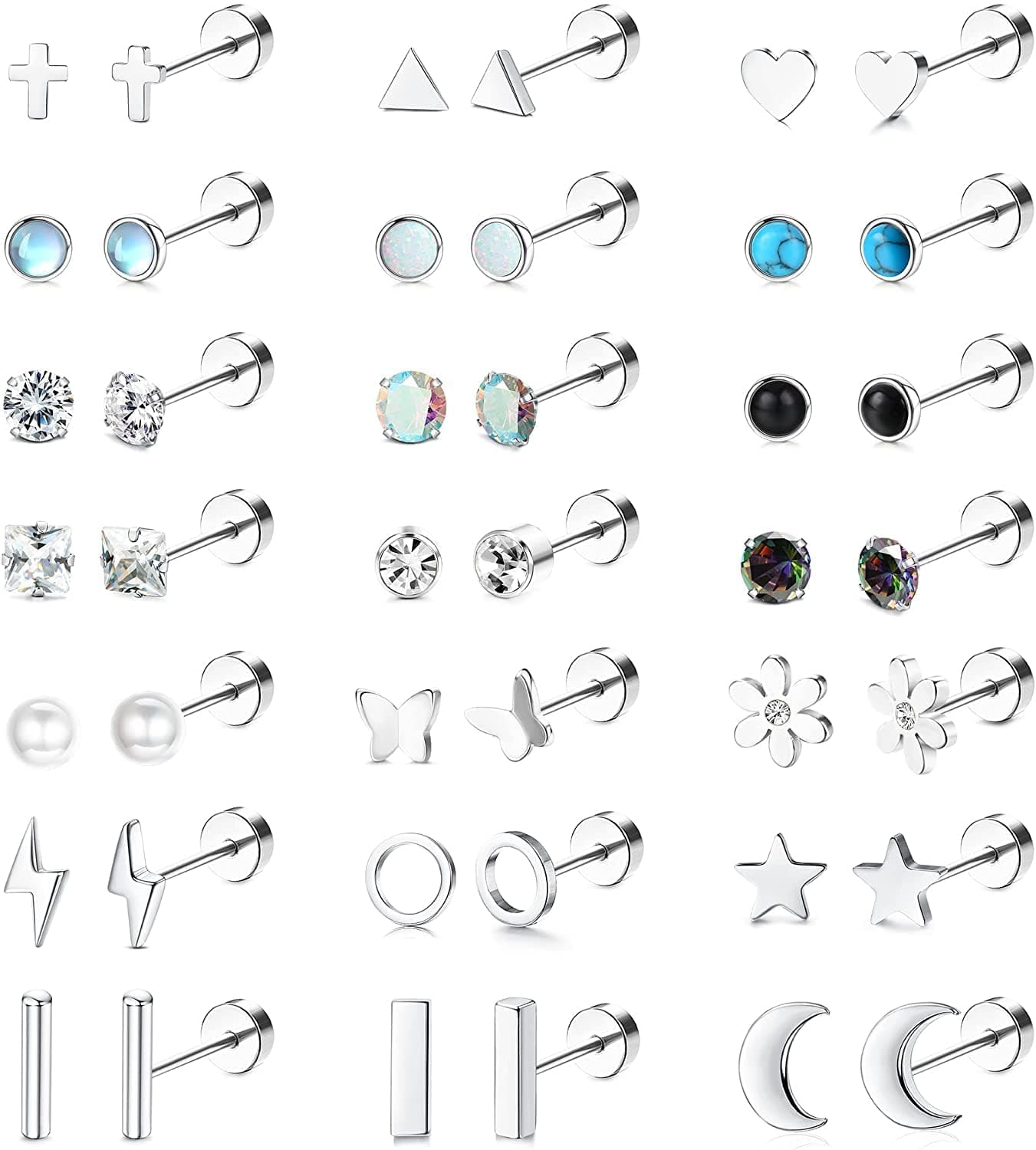 Adramata Boucles d'Oreilles Acier Inoxydable Vis Femmes Hommes 21 Paires
