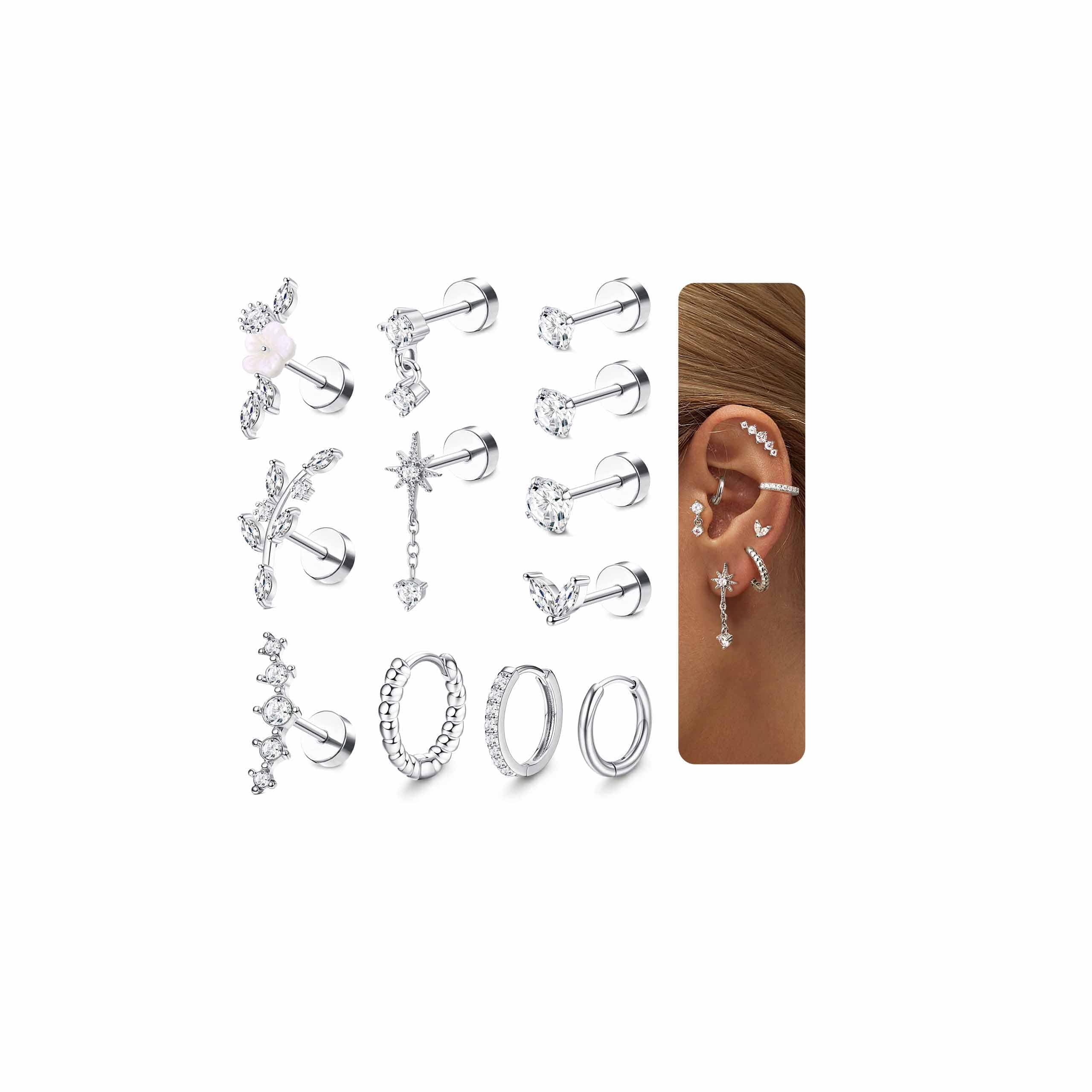 Adramata Piercing Or Argent Femme Oreille Piercing Helix Boucles d'Oreilles 12Pcs Acier Inoxydable Recycled Claim Standa