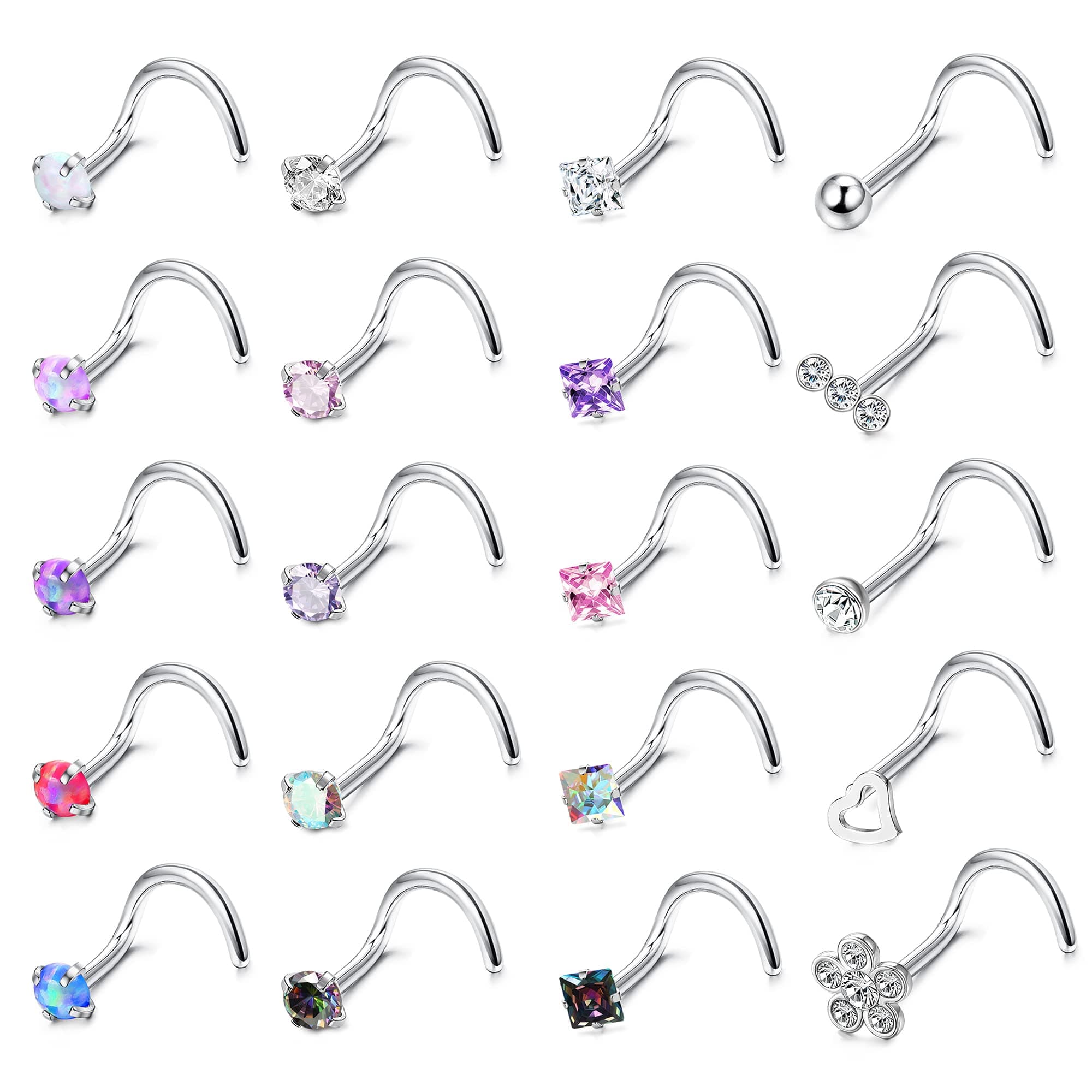 Ensemble de Clous de Nez Adramata 20 Pcs Multicolore Diamant Opale CZ Recycled Claim