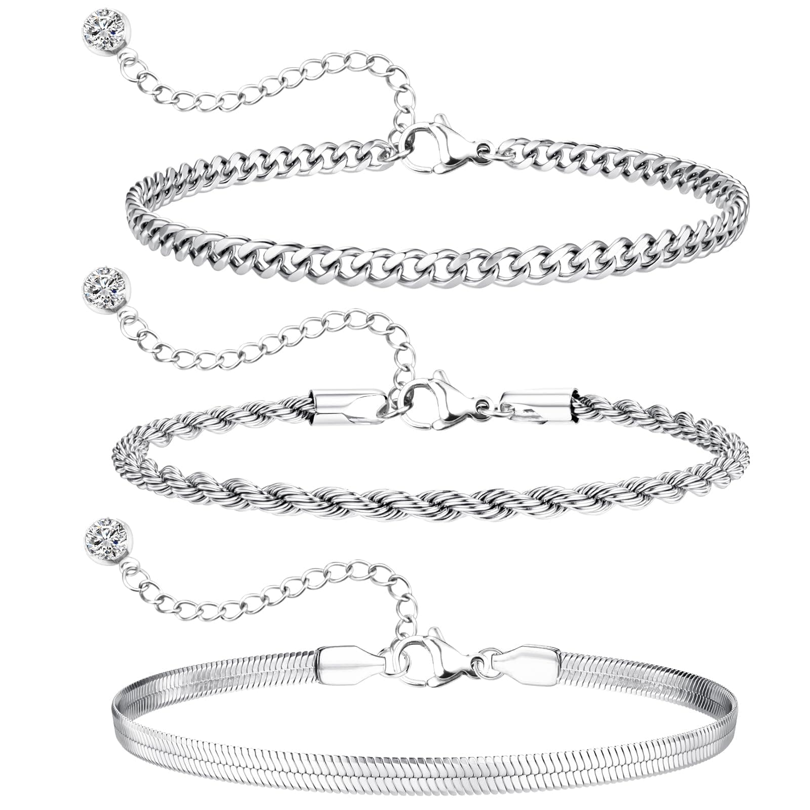 Bracelet Argent Aucuu Acier Inoxydable Scintillant pour Femmes Filles, Bracelets Aucuu Acier Inoxydable Ensemble Réglabl