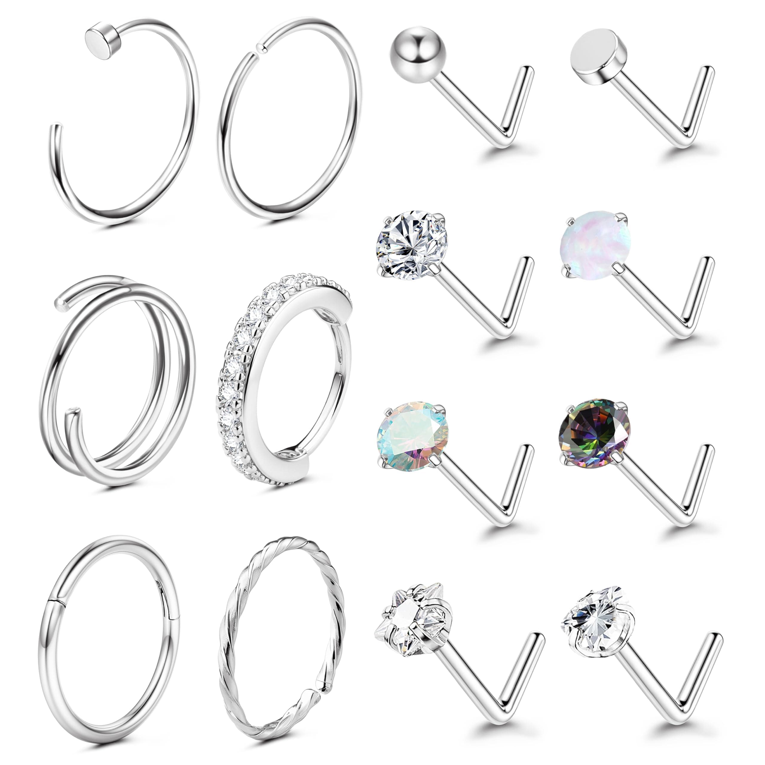 Adramata Or 14K Piercing Nez Acier Chirurgical Hypoallergénique pour Femmes Hommes Anneau de Nez CZ Coeur 20G (14Pcs) Pi