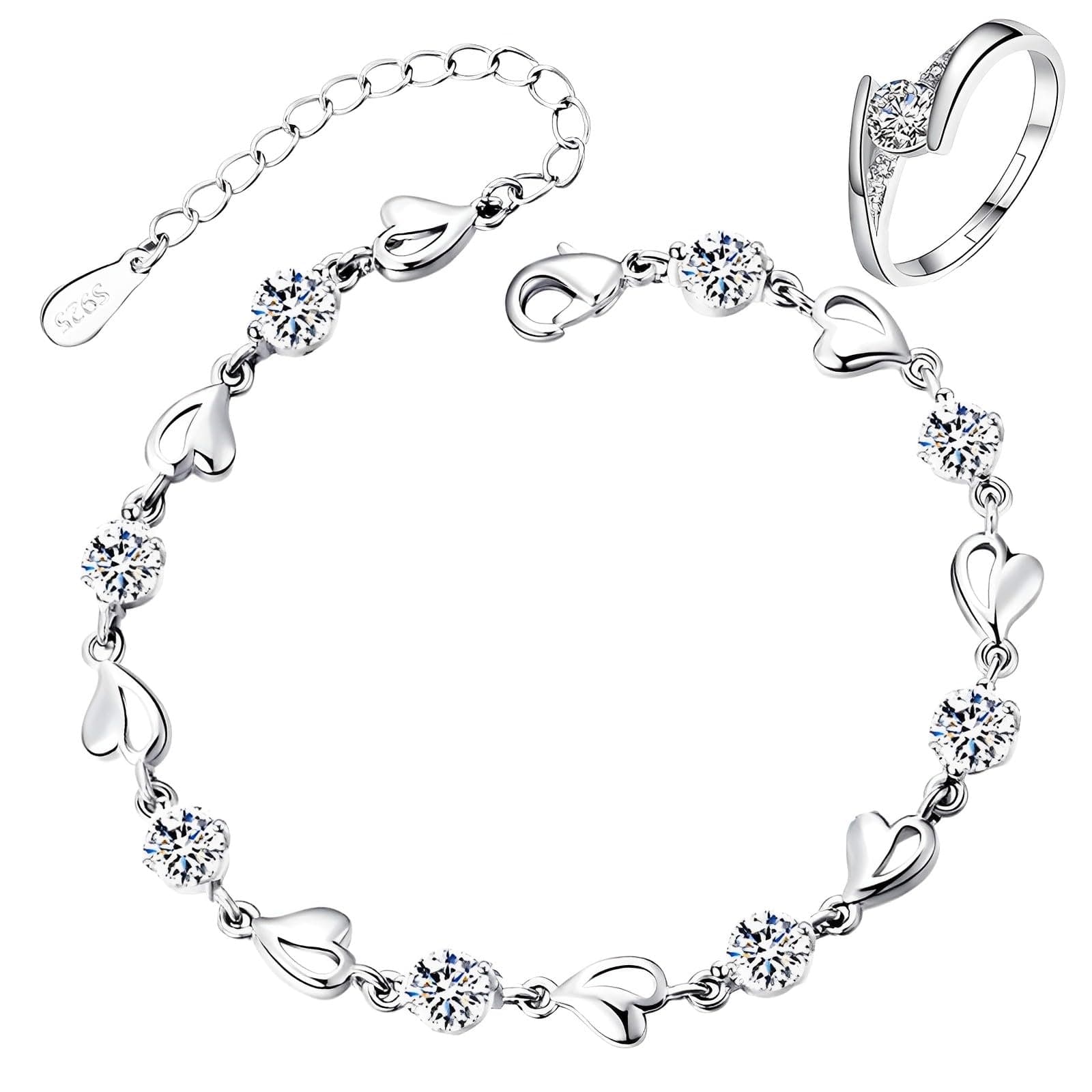 Bracelet Argent 925 Femme Coeur Ajustable avec Anneau NGUSO, Bracelet Argent Massif Femme Coeur 925 Ajustable avec Annea