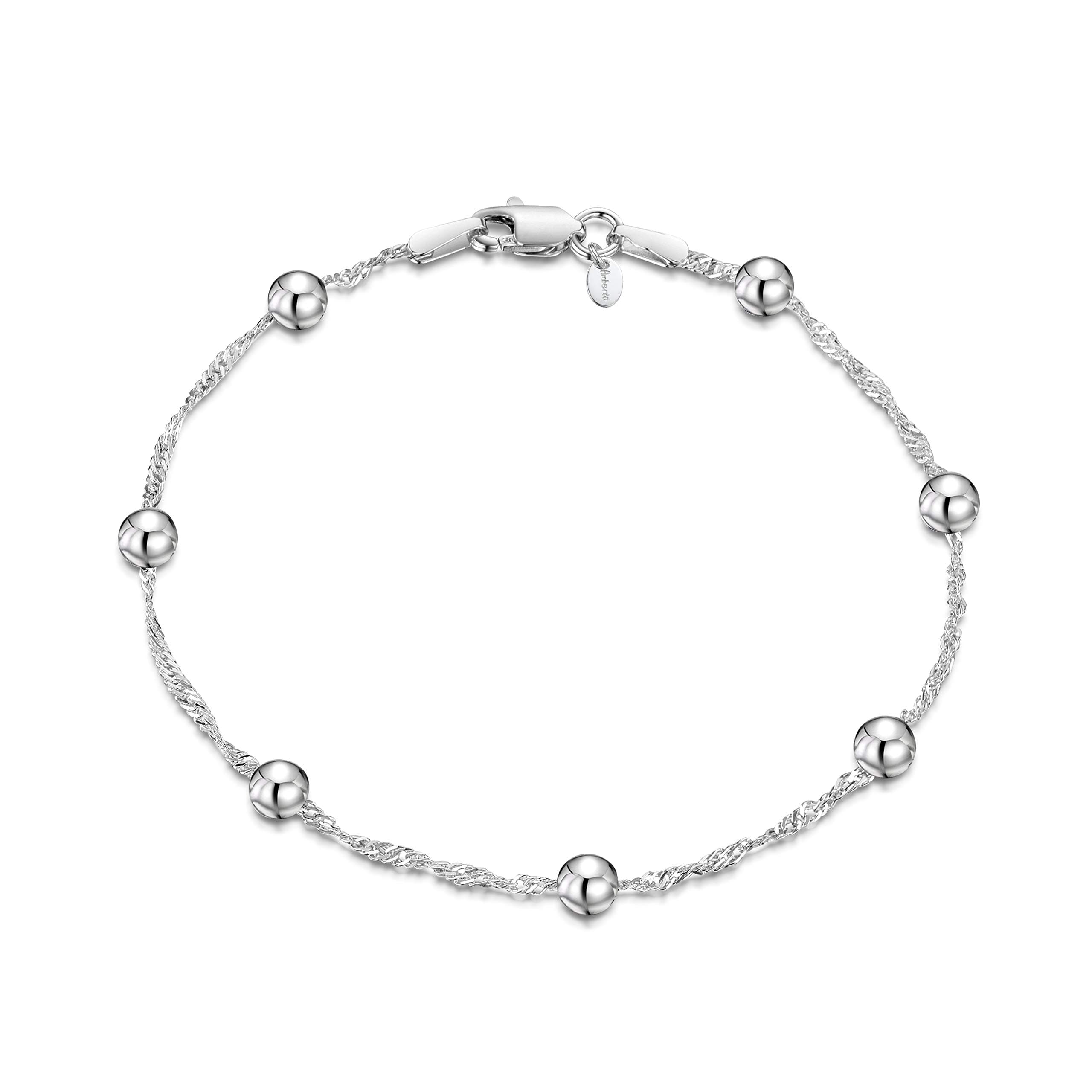 Amberta Bijoux - Bracelet en Argent 925 - Chaîne Maille Singapour et Boules - Largeur 1,4/4 mm - Longueur 18/19 cm