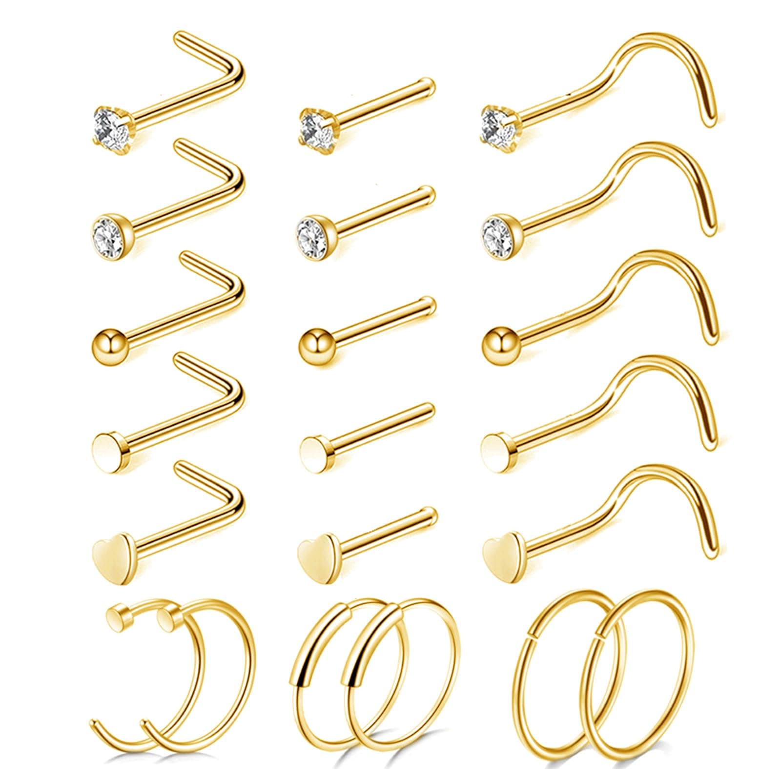 LOCCY Piercings Nez en Acier Inoxydable Bijoux pour Femmes et Hommes - Anneau de Nez 21-30 Pièces 20G Or Argent CZ L/Vis
