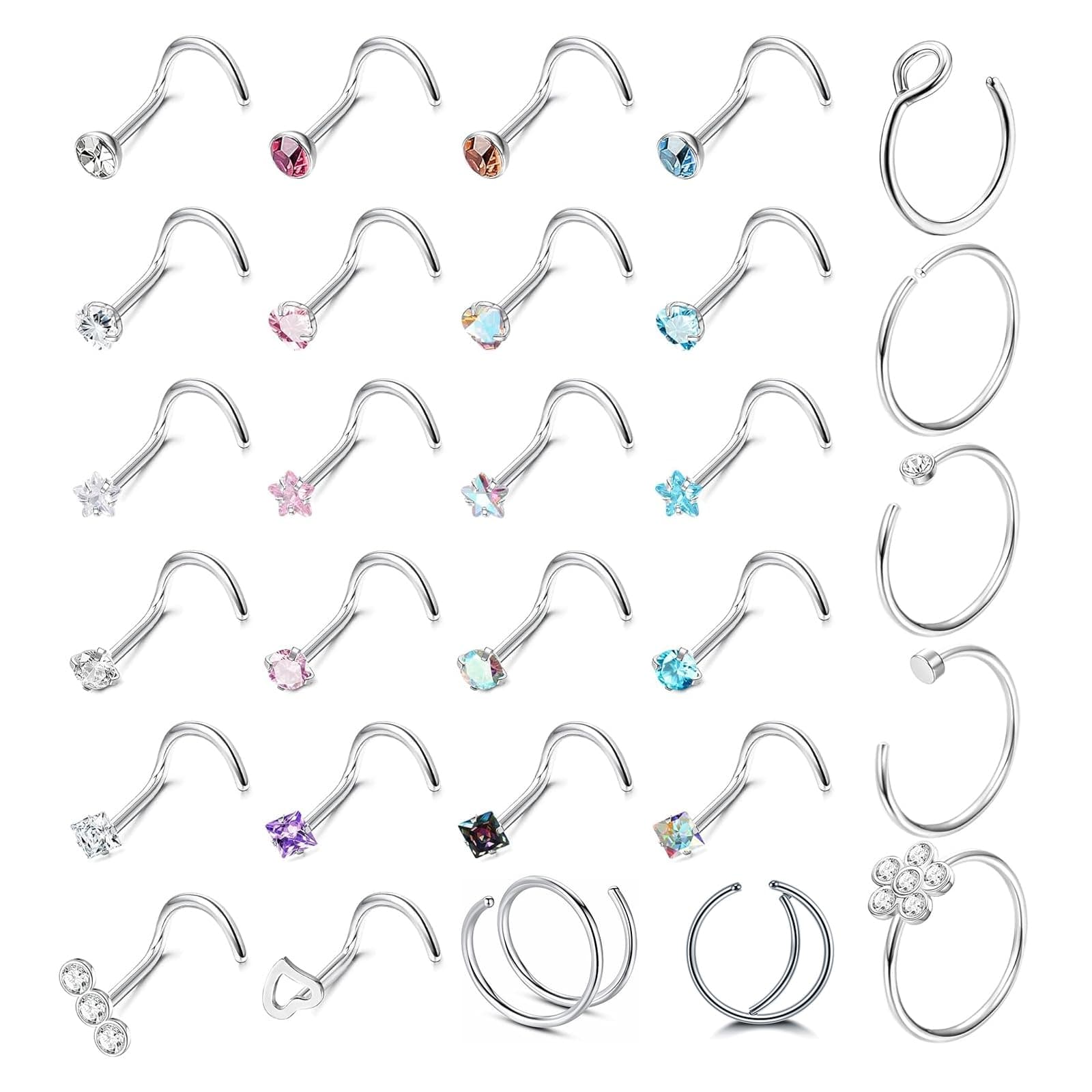 DGUSO Ensemble de bijoux pour piercing du nez, bijoux unisexes, 29 pièces 20G anneaux de nez courbés