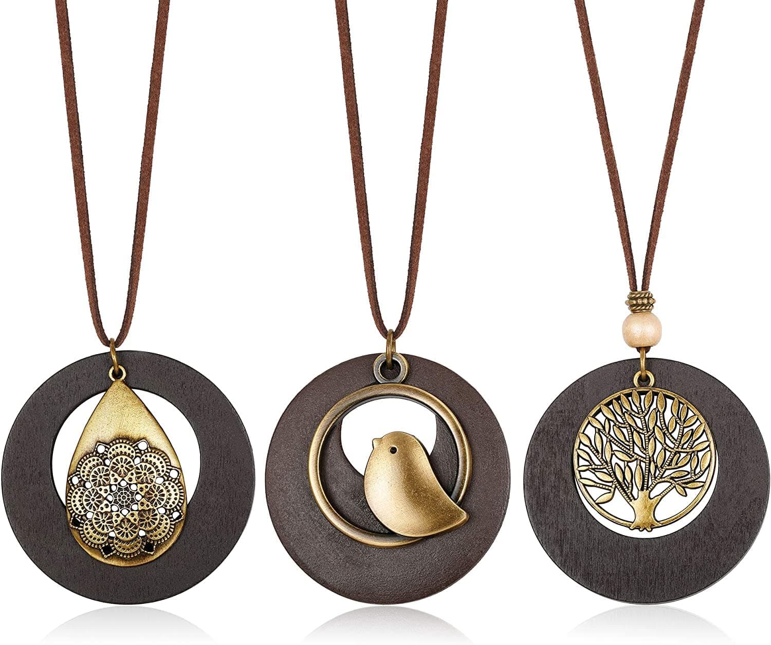 Adramata Pendleton 3pcs Pendentif Bois Vintage Femmes Chaîne Cuir Recycled