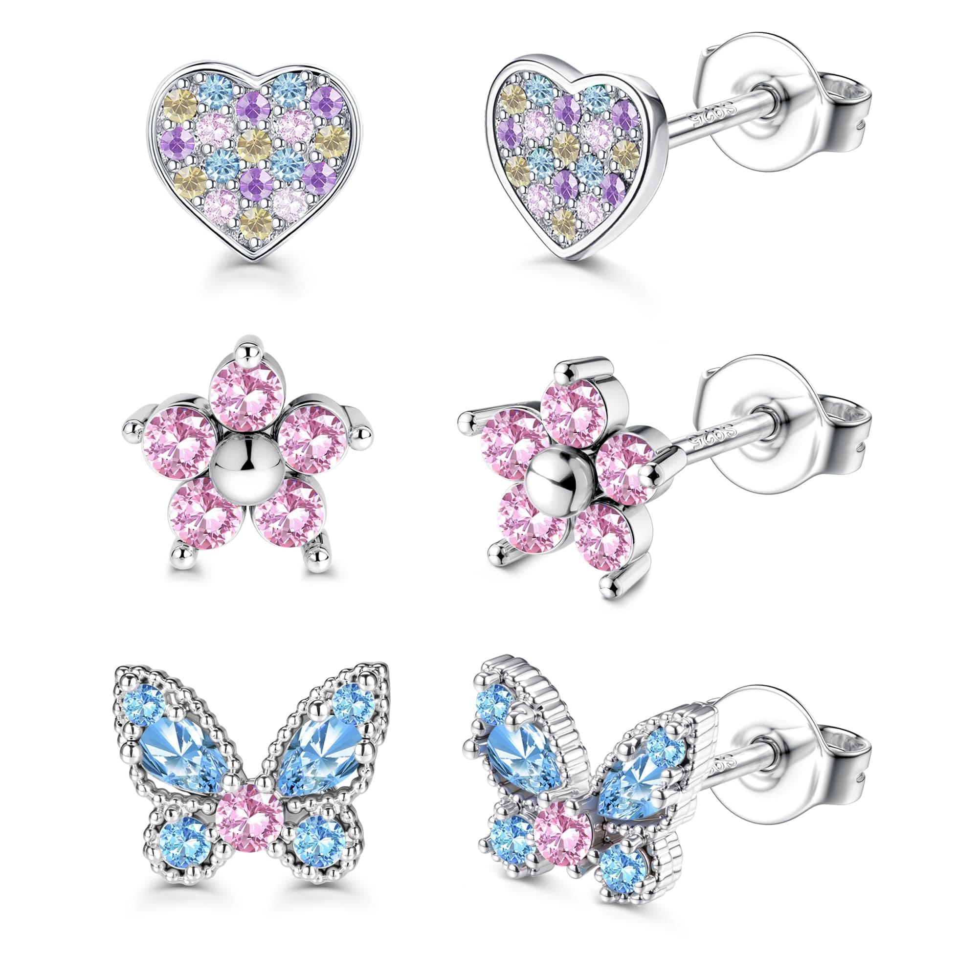 Adramata Boucles d'Oreilles Argent 925 Fille et Femme Hypoallergéniques Boucles d'Oreilles Fleur Coeur Papillon avec Des
