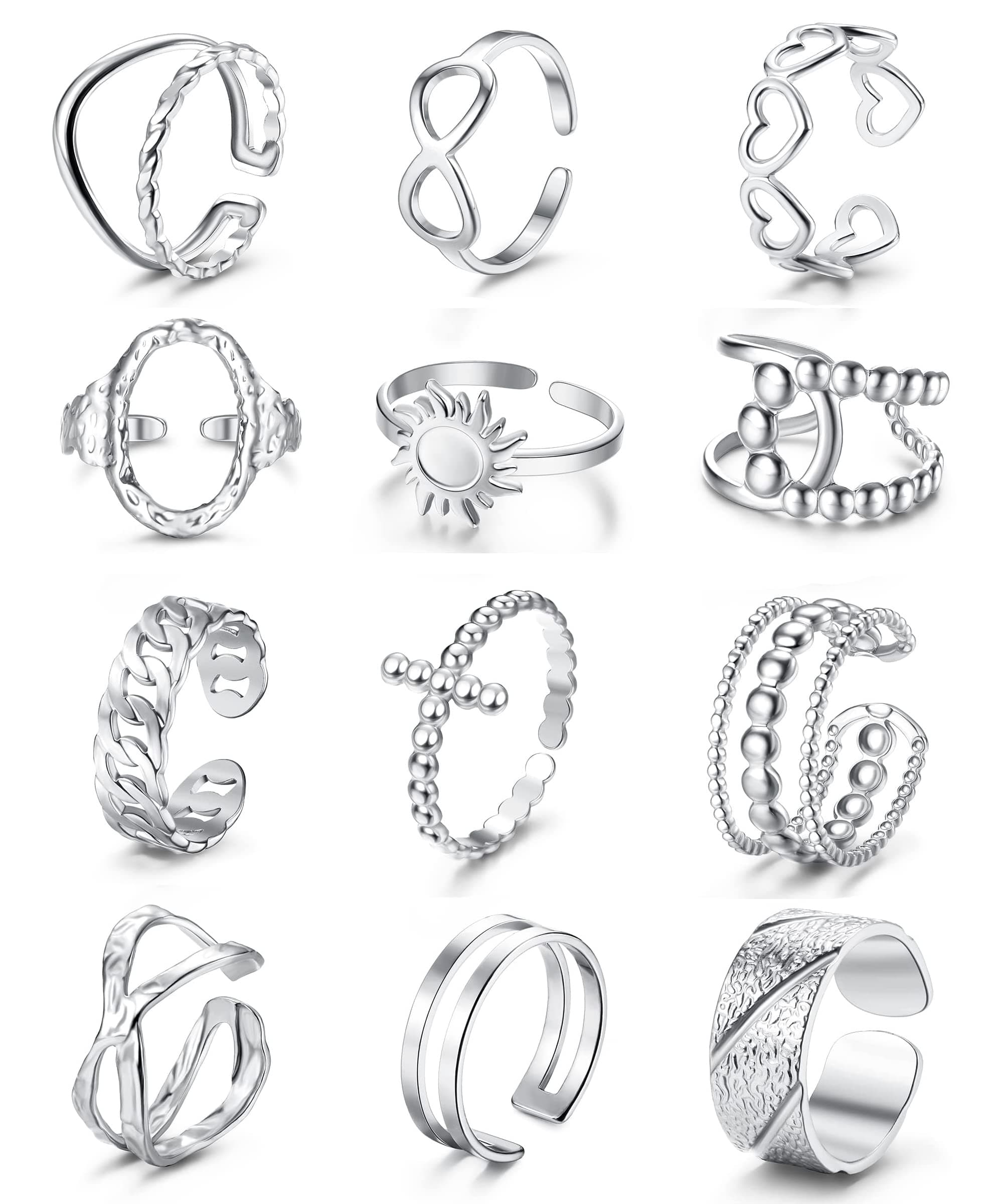 Adramata 12 Pcs Bague Femme Acier Inoxydable Réglable Vintage Recycled Empilable Argent/Or Ouvert Élégante pour Fille